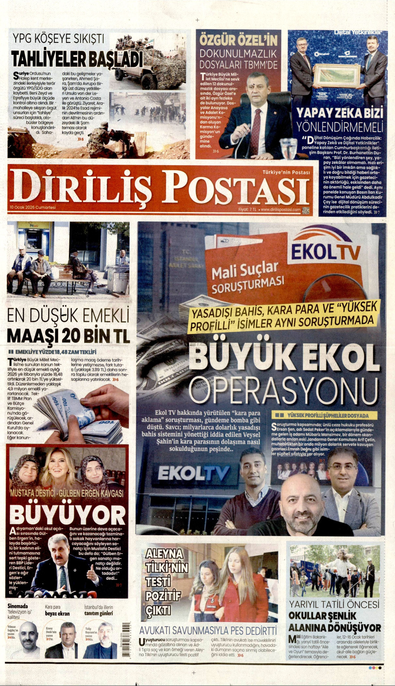 DİRİLİŞ POSTASI gazetesinin 10 Ocak 2026 tarihli birinci sayfası