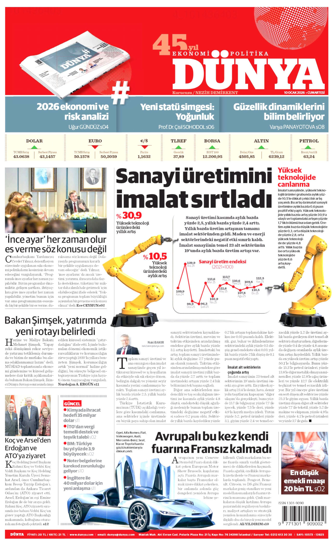 DÜNYA gazetesinin 10 Ocak 2026 tarihli birinci sayfası