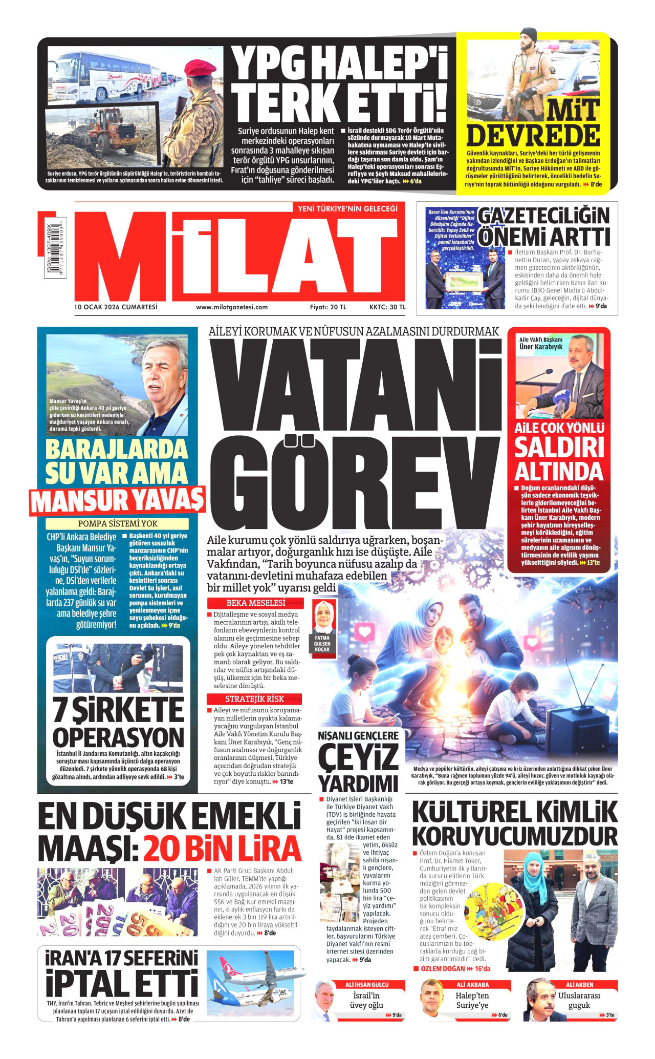 MİLAT gazetesinin 10 Ocak 2026 tarihli birinci sayfası