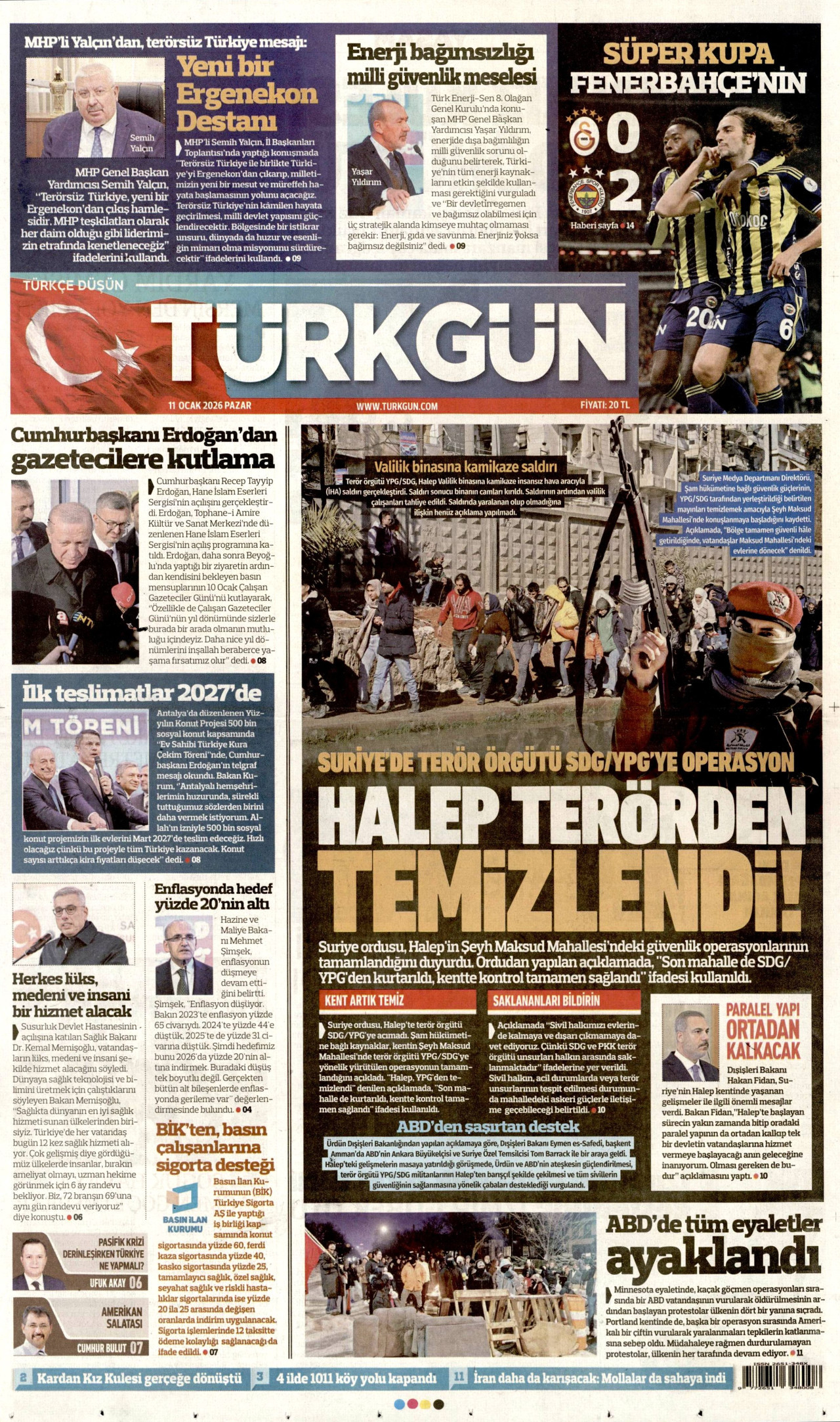 TÜRKGÜN gazetesinin 11 Ocak 2026 tarihli birinci sayfası