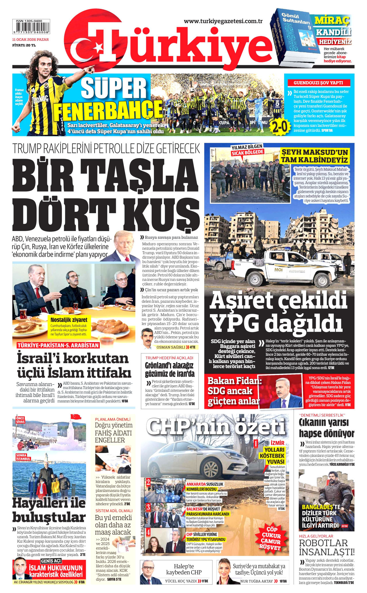 TÜRKİYE GAZETESİ gazetesinin 11 Ocak 2026 tarihli birinci sayfası
