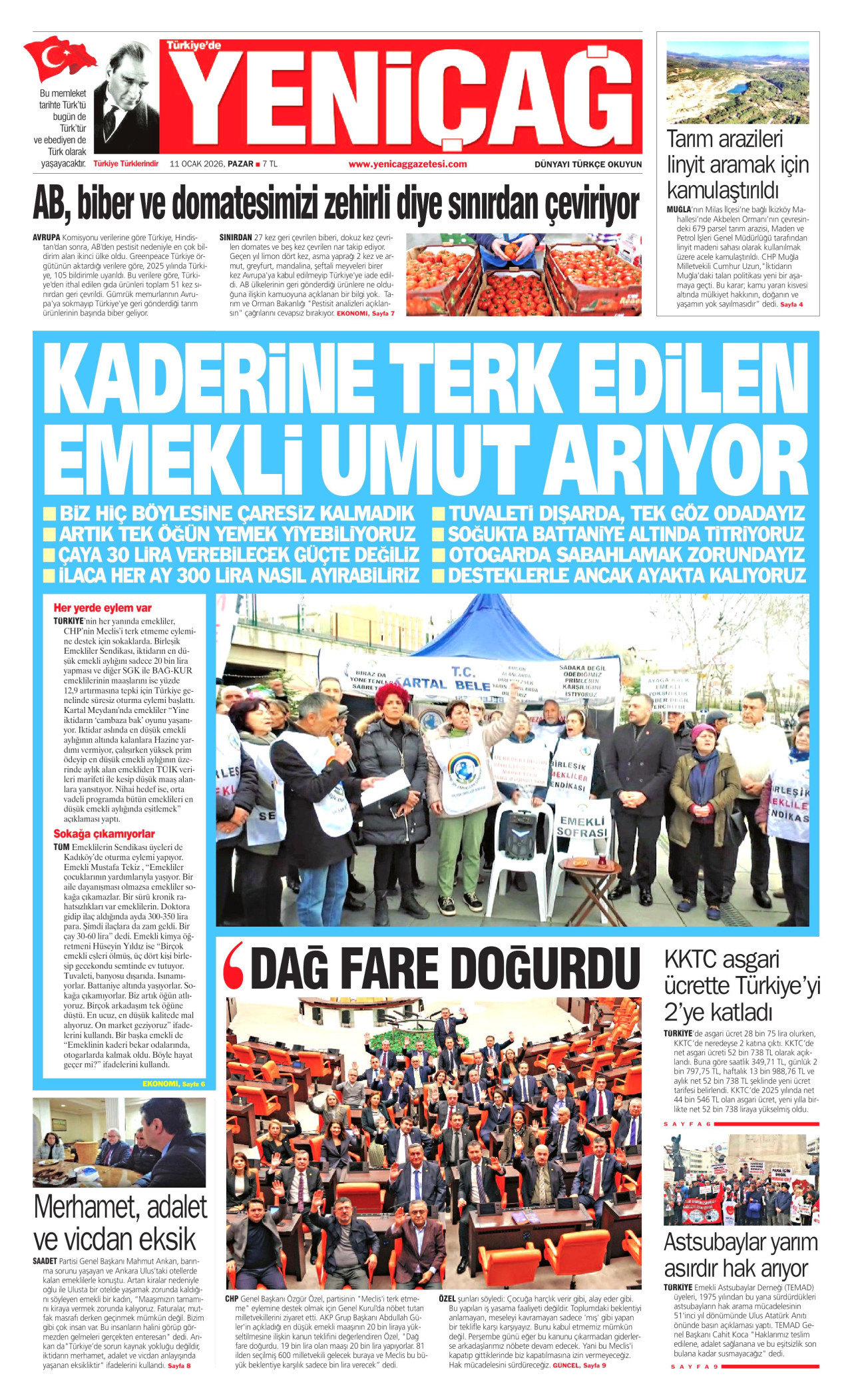 YENİÇAĞ gazetesinin 11 Ocak 2026 tarihli birinci sayfası