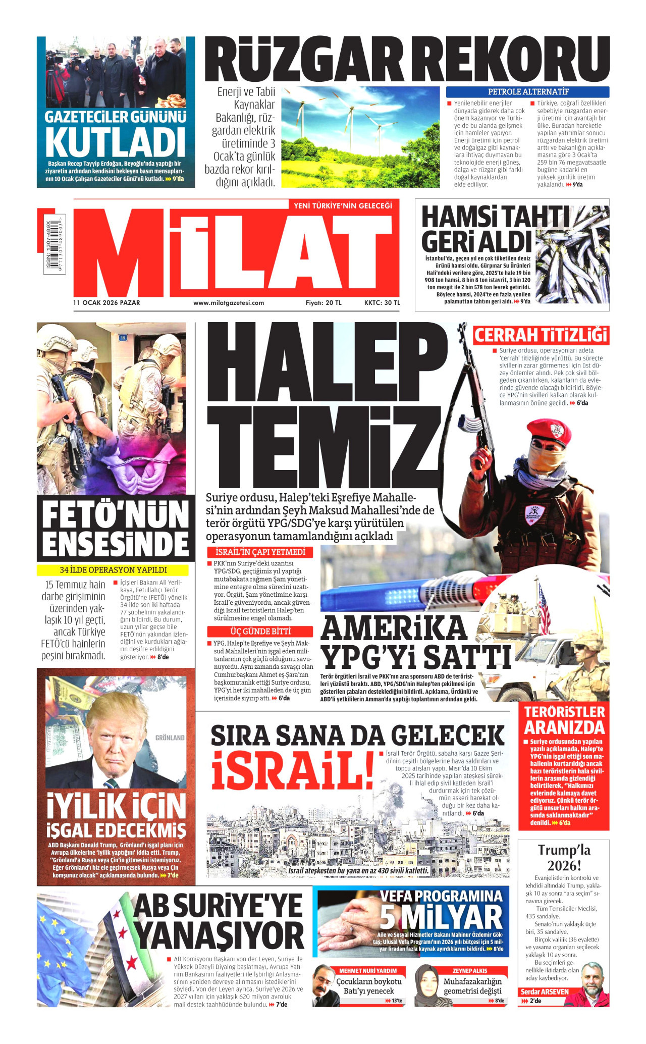 MİLAT gazetesinin 11 Ocak 2026 tarihli birinci sayfası