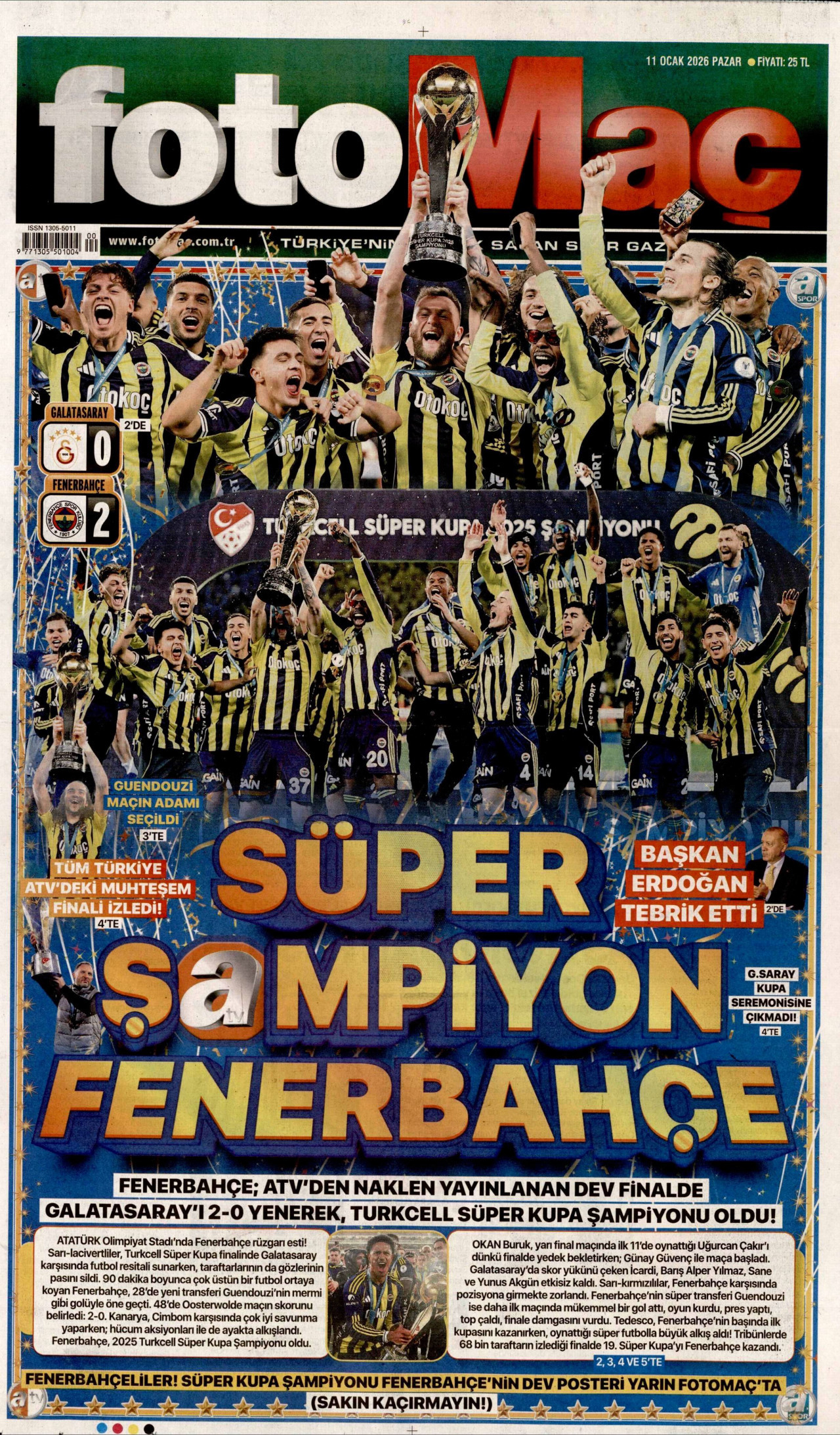 FOTOMAÇ gazetesinin 11 Ocak 2026 tarihli birinci sayfası