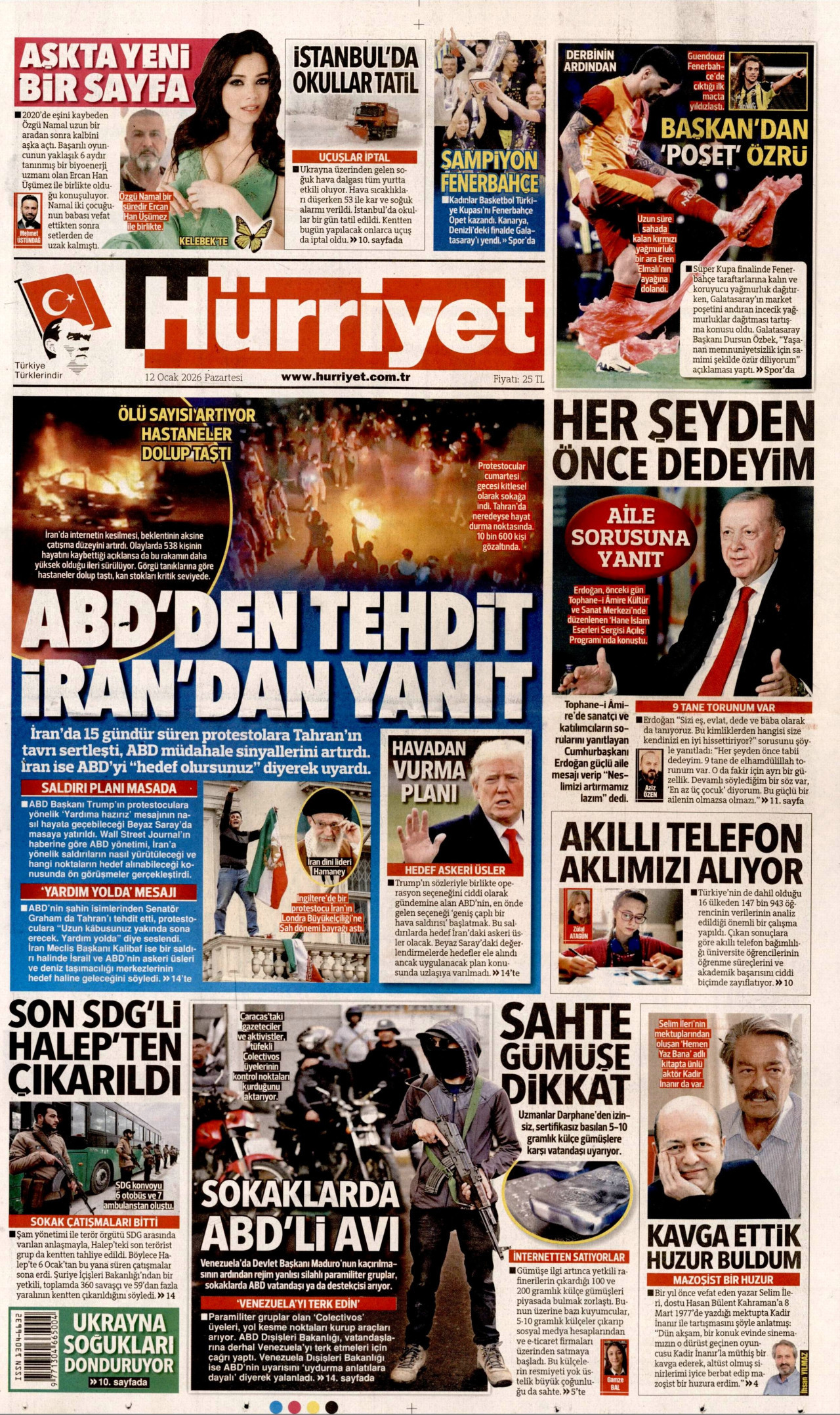 HÜRRİYET gazetesinin 12 Ocak 2026 tarihli birinci sayfası