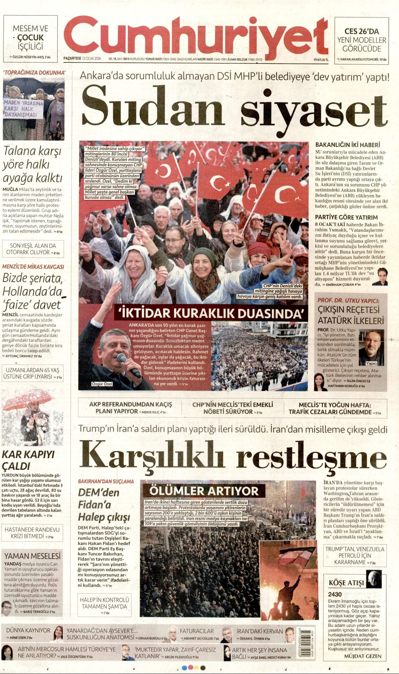 CUMHURİYET gazetesinin 12 Ocak 2026 tarihli birinci sayfası