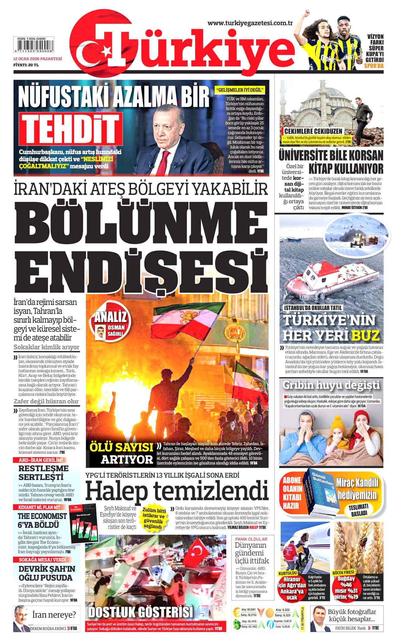 TÜRKİYE GAZETESİ gazetesinin 12 Ocak 2026 tarihli birinci sayfası
