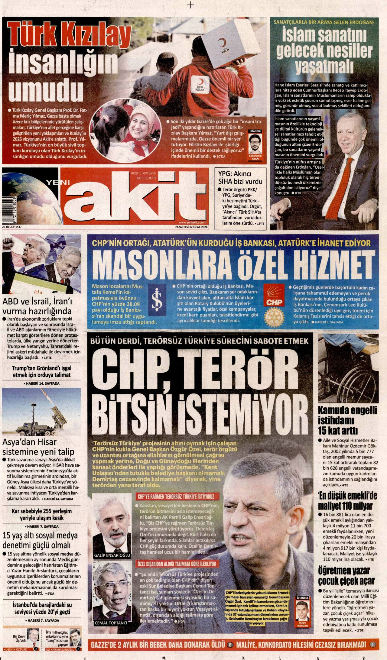YENİ AKİT gazetesinin 12 Ocak 2026 tarihli birinci sayfası