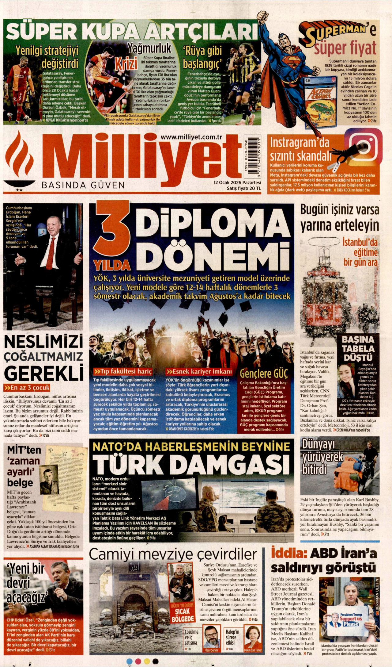 MİLLİYET gazetesinin 12 Ocak 2026 tarihli birinci sayfası