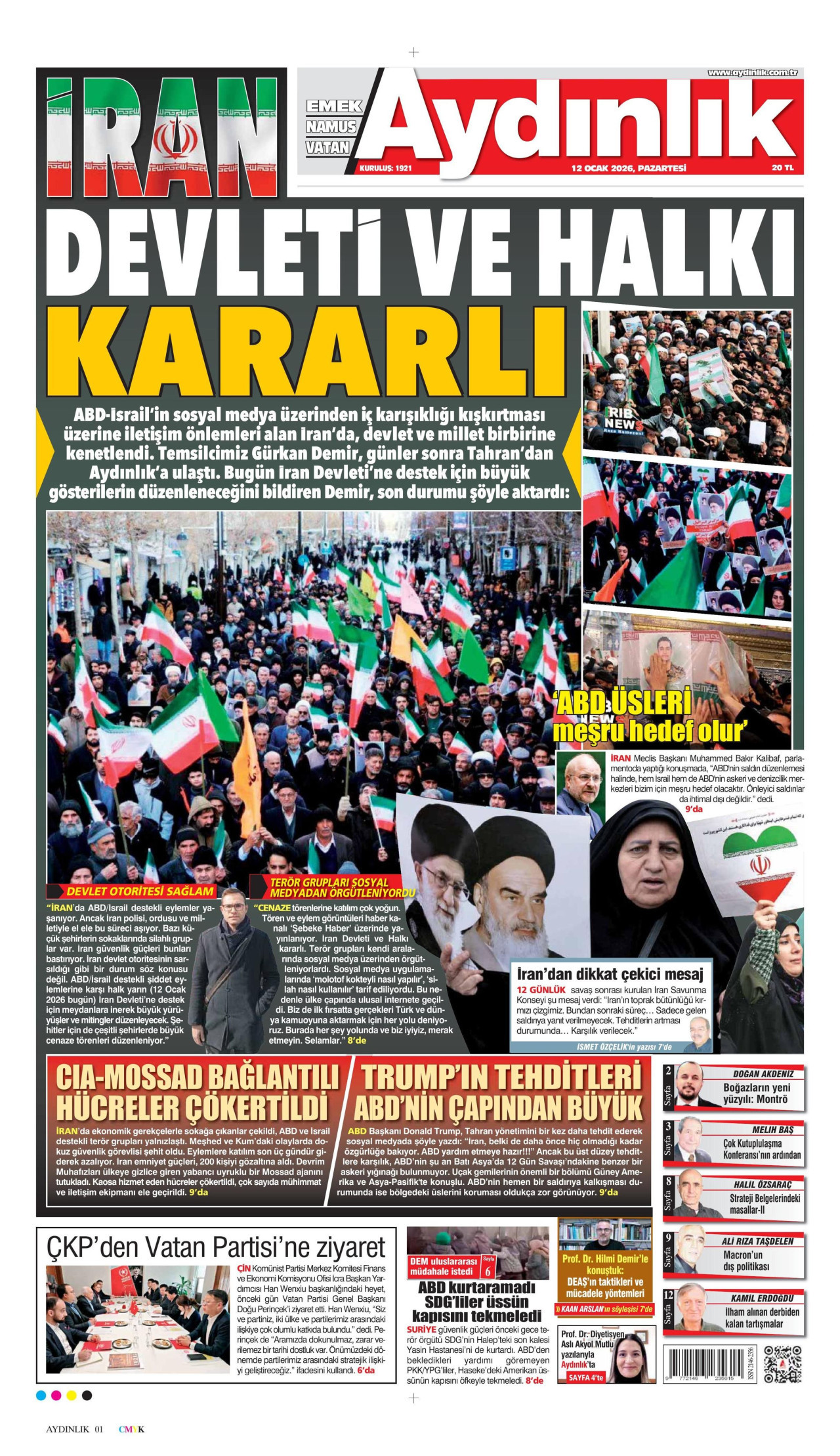 AYDINLIK GAZETESİ gazetesinin 12 Ocak 2026 tarihli birinci sayfası