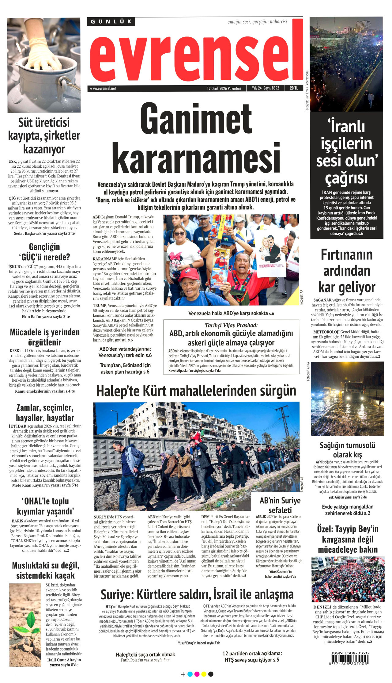 EVRENSEL gazetesinin 12 Ocak 2026 tarihli birinci sayfası