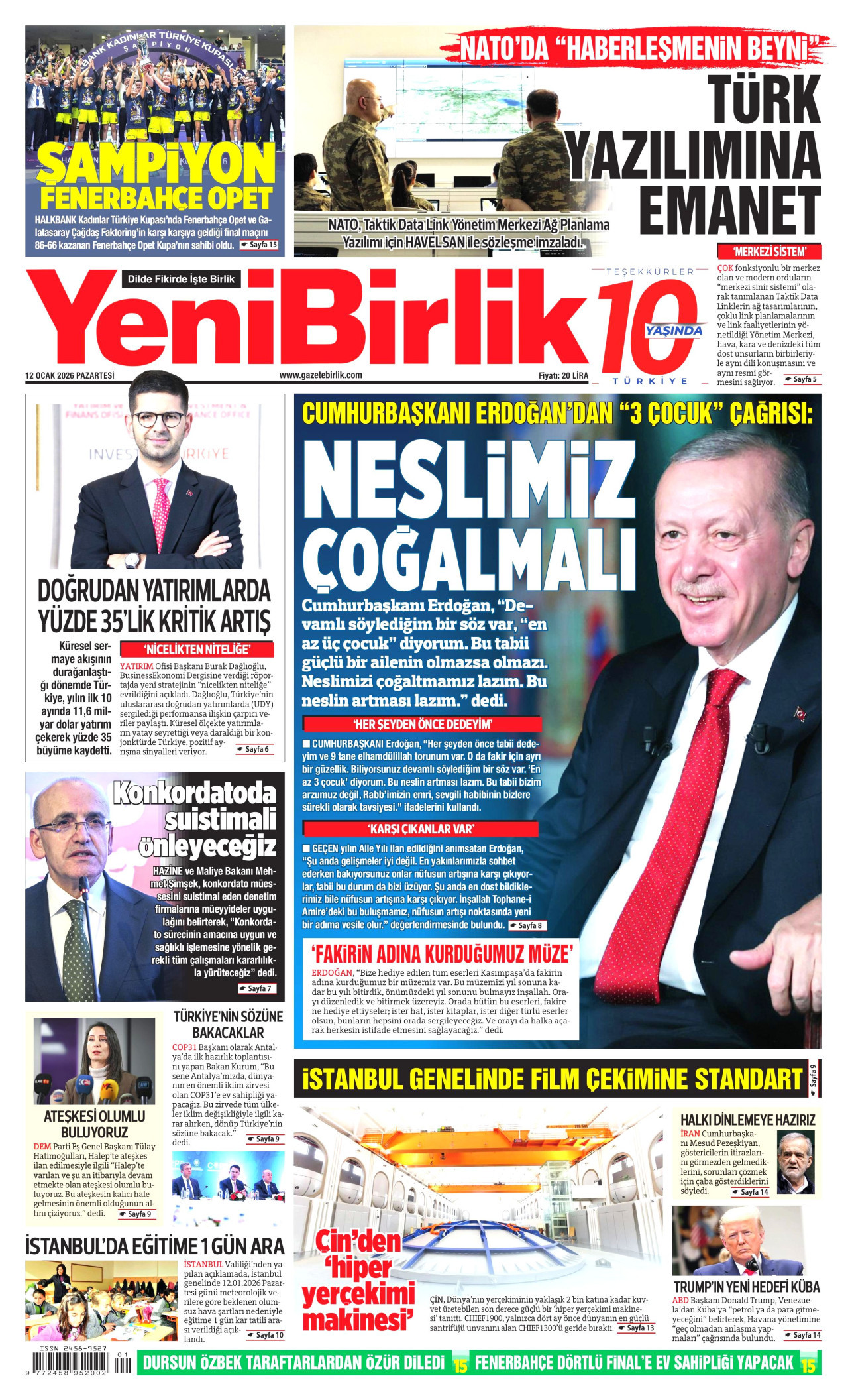 YENİBİRLİK gazetesinin 12 Ocak 2026 tarihli birinci sayfası