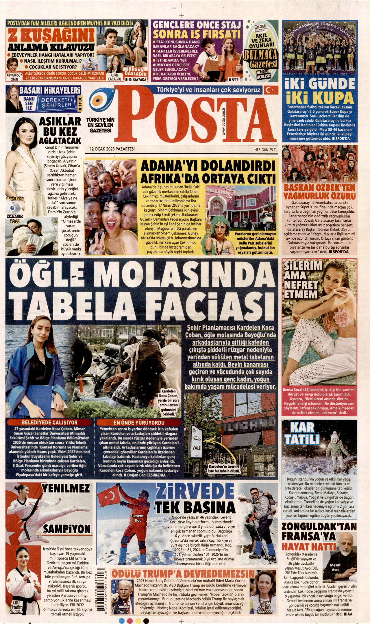 POSTA gazetesinin 12 Ocak 2026 tarihli birinci sayfası