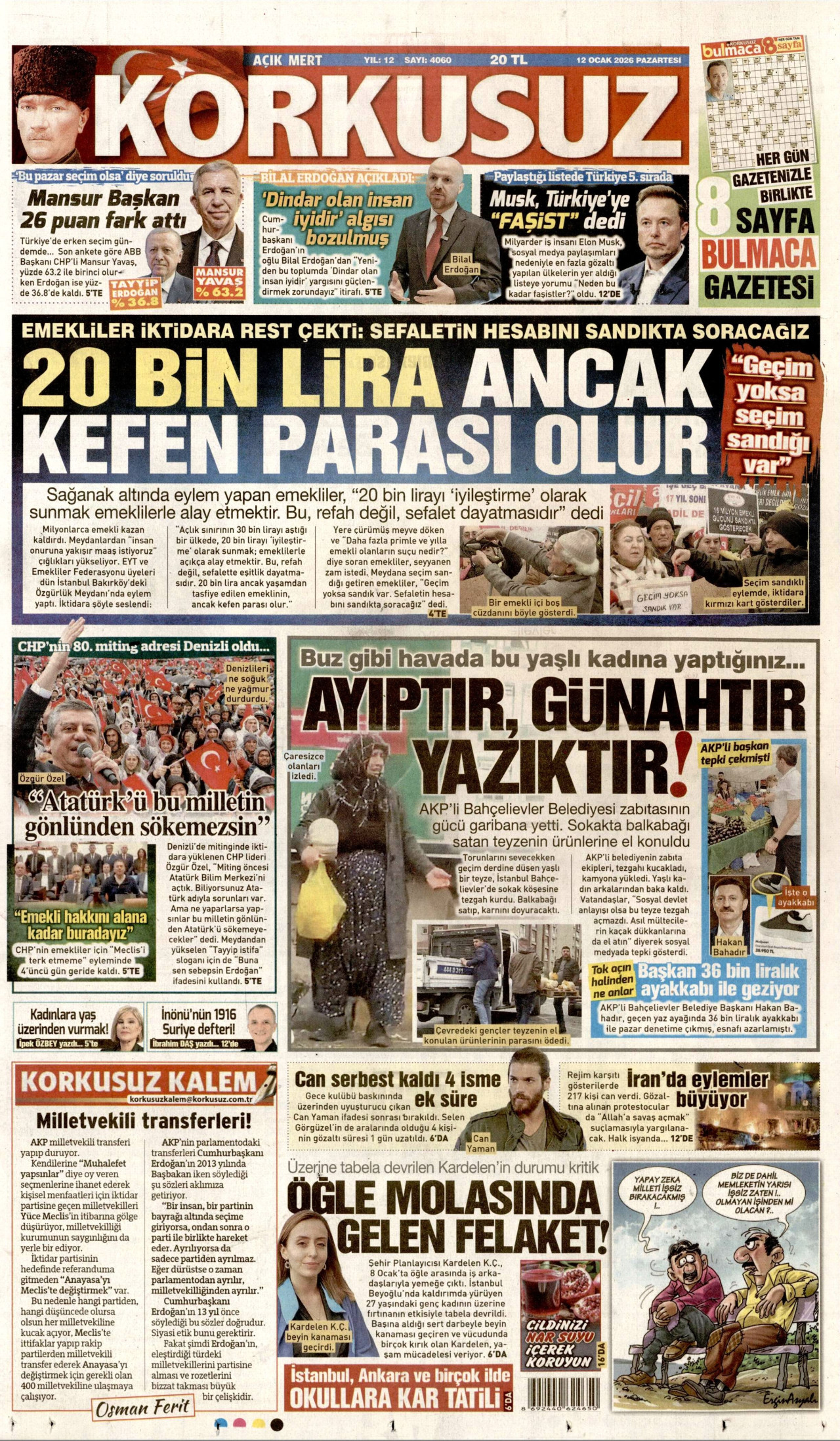 KORKUSUZ gazetesinin 12 Ocak 2026 tarihli birinci sayfası