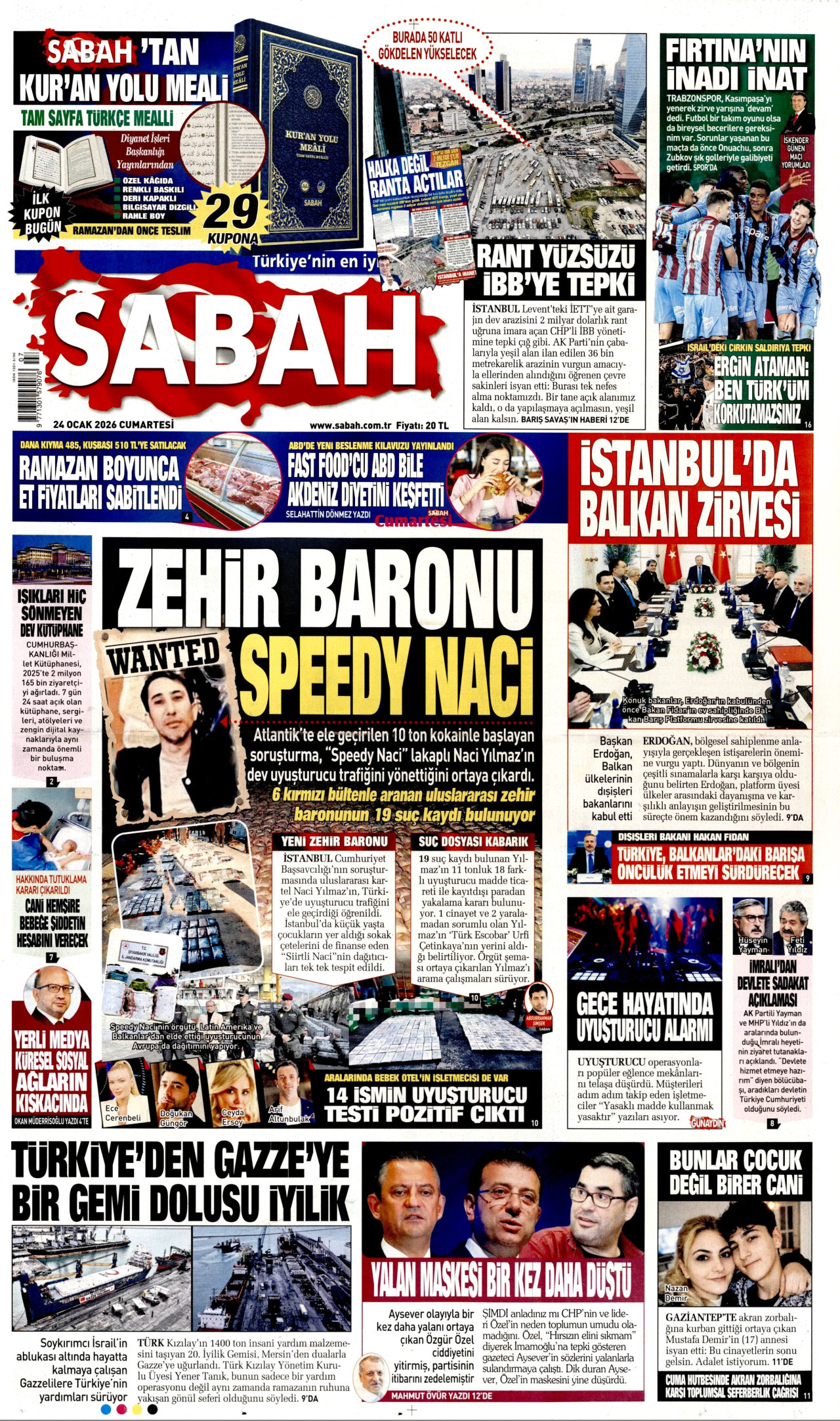 SABAH gazetesinin 24 Ocak 2026 tarihli birinci sayfası