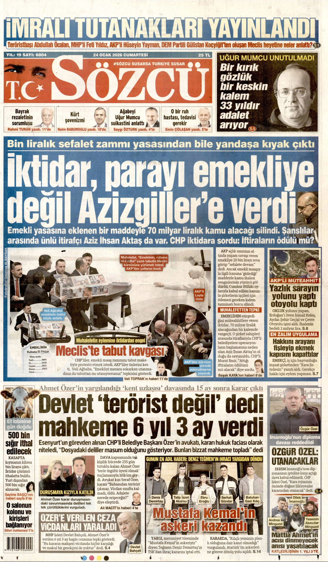 SÖZCÜ gazetesinin 24 Ocak 2026 tarihli birinci sayfası