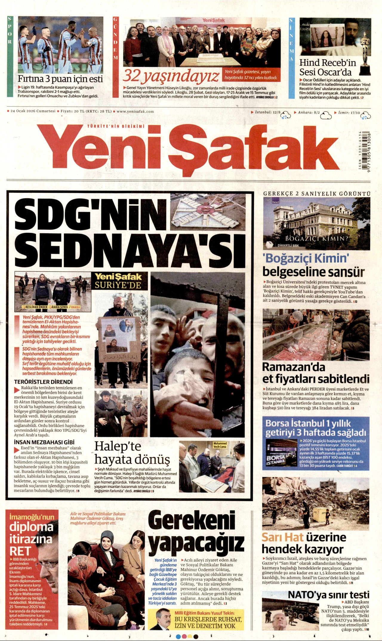 YENİ ŞAFAK gazetesinin 24 Ocak 2026 tarihli birinci sayfası