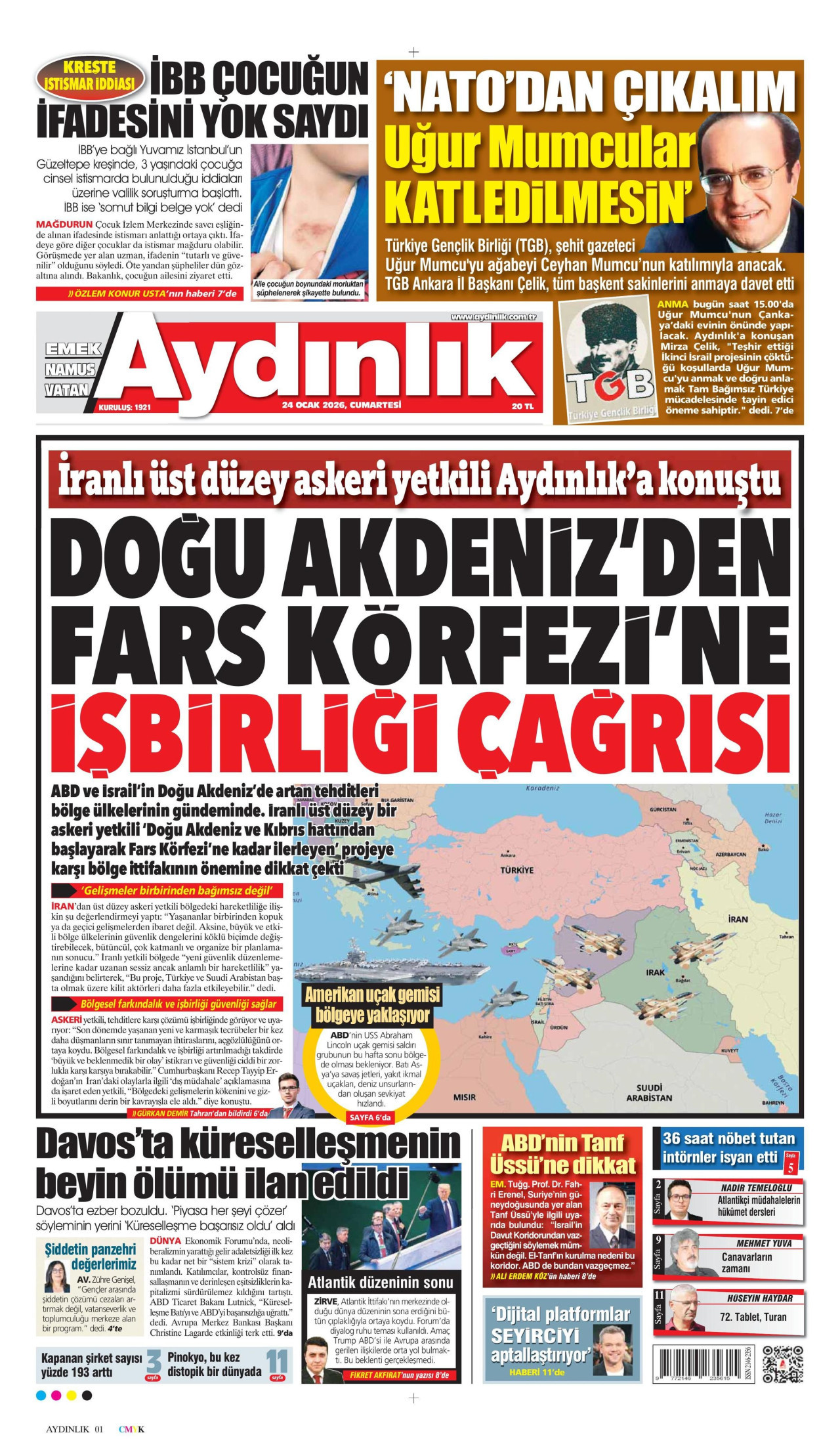 AYDINLIK GAZETESİ gazetesinin 24 Ocak 2026 tarihli birinci sayfası