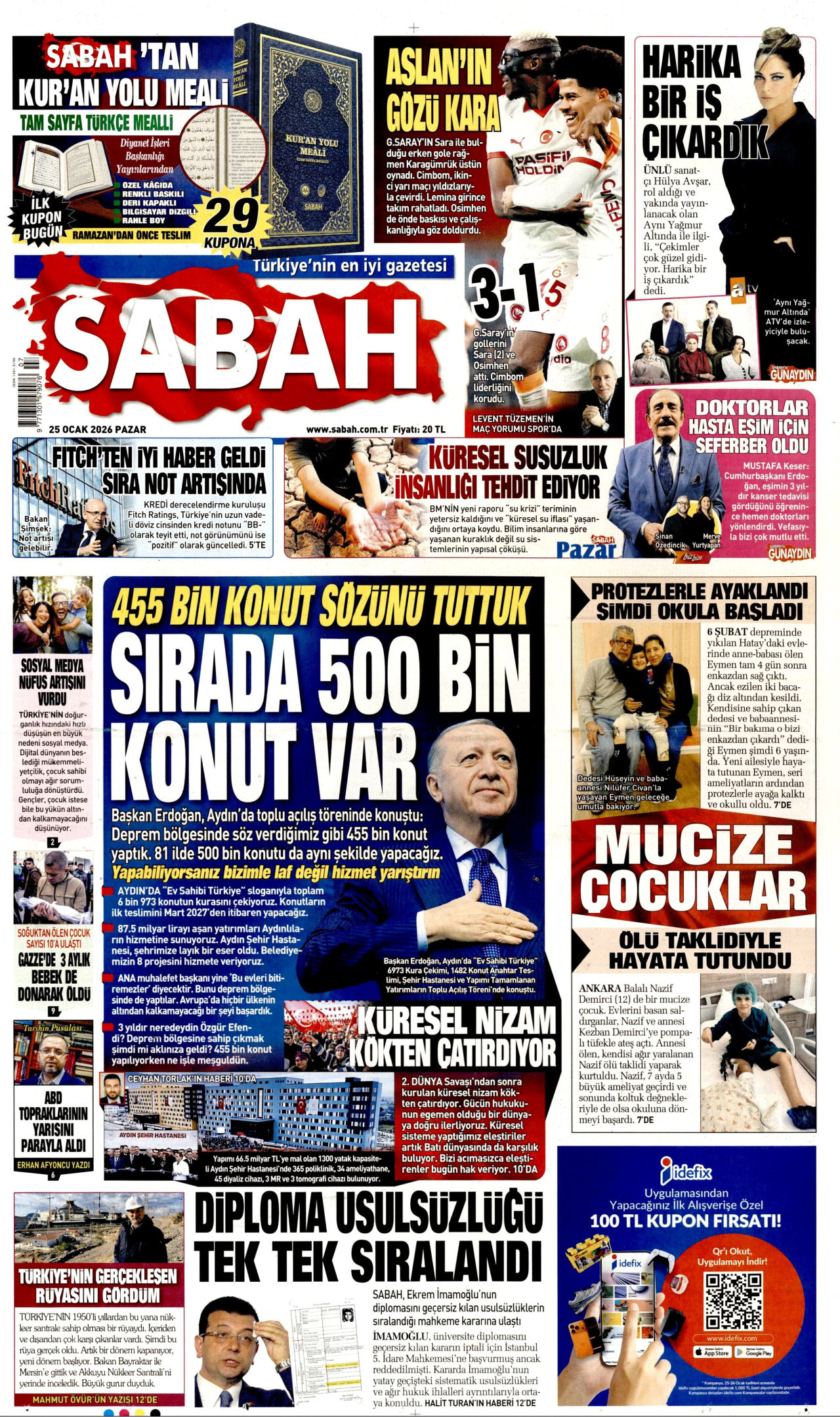SABAH gazetesinin 25 Ocak 2026 tarihli birinci sayfası