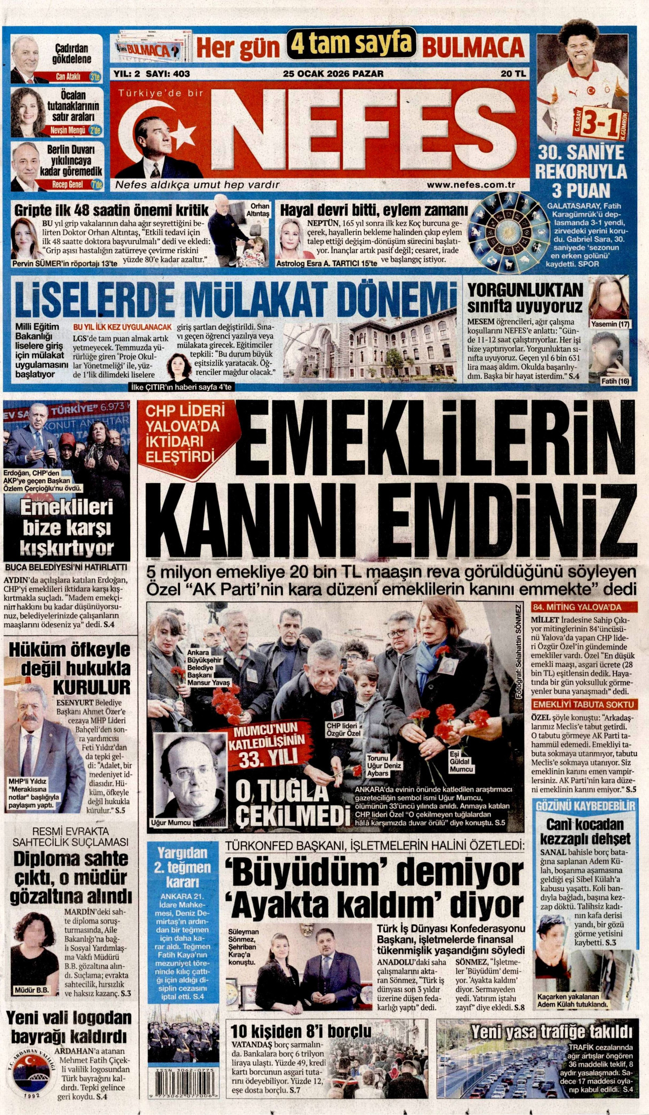 NEFES gazetesinin 25 Ocak 2026 tarihli birinci sayfası