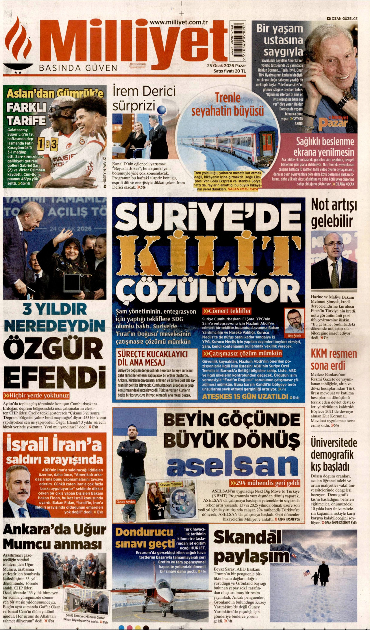 MİLLİYET gazetesinin 25 Ocak 2026 tarihli birinci sayfası