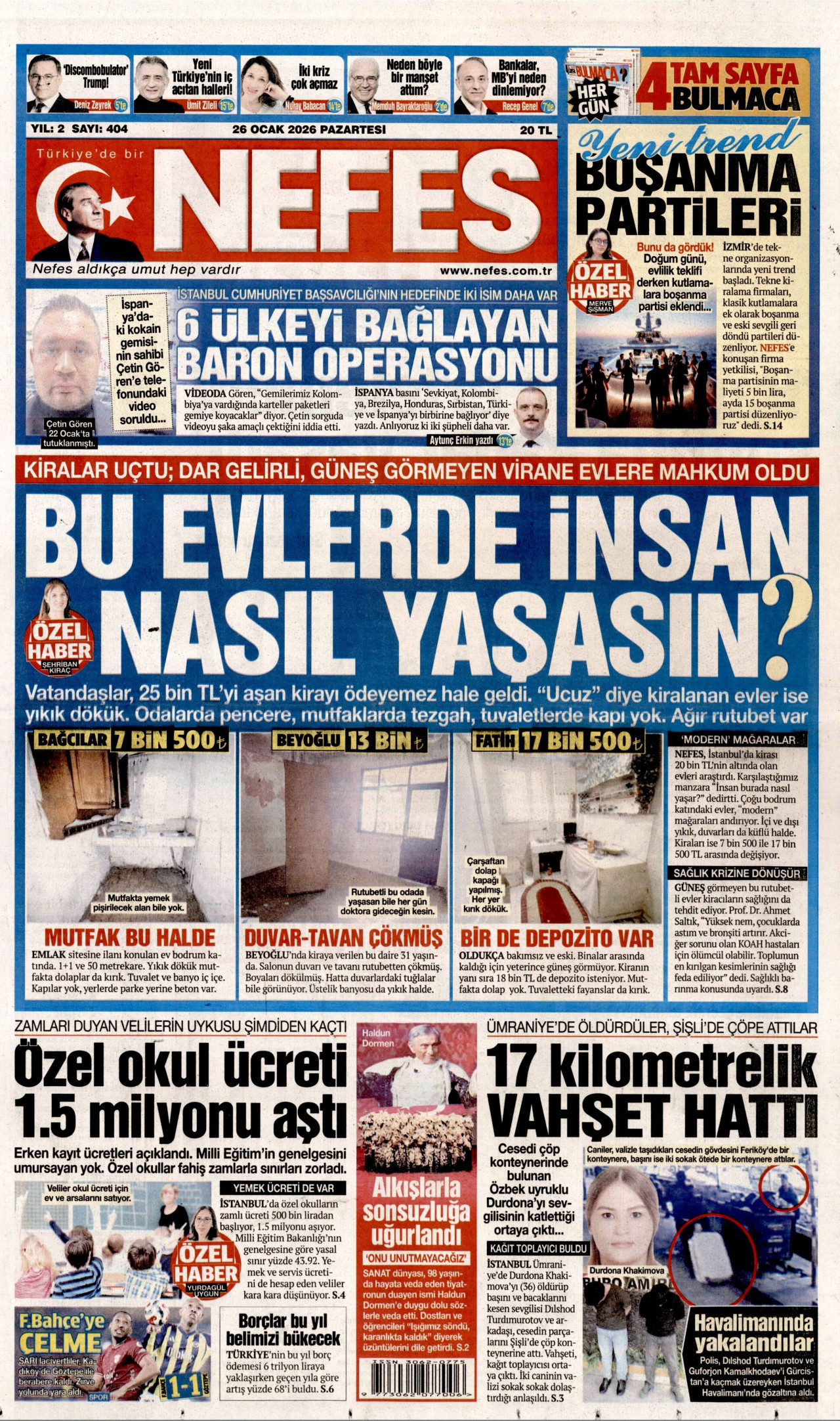 NEFES gazetesinin 26 Ocak 2026 tarihli birinci sayfası