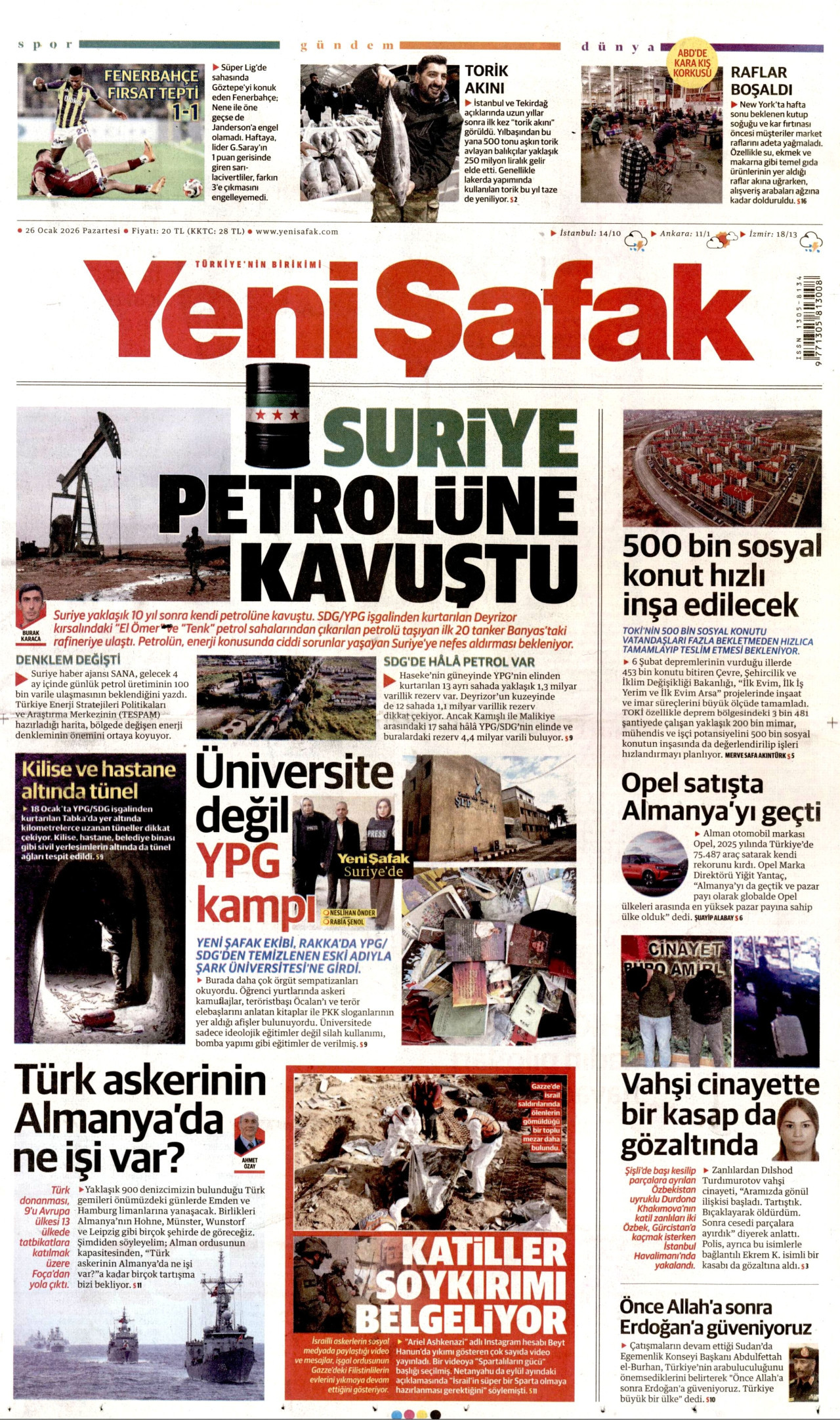 YENİ ŞAFAK gazetesinin 26 Ocak 2026 tarihli birinci sayfası