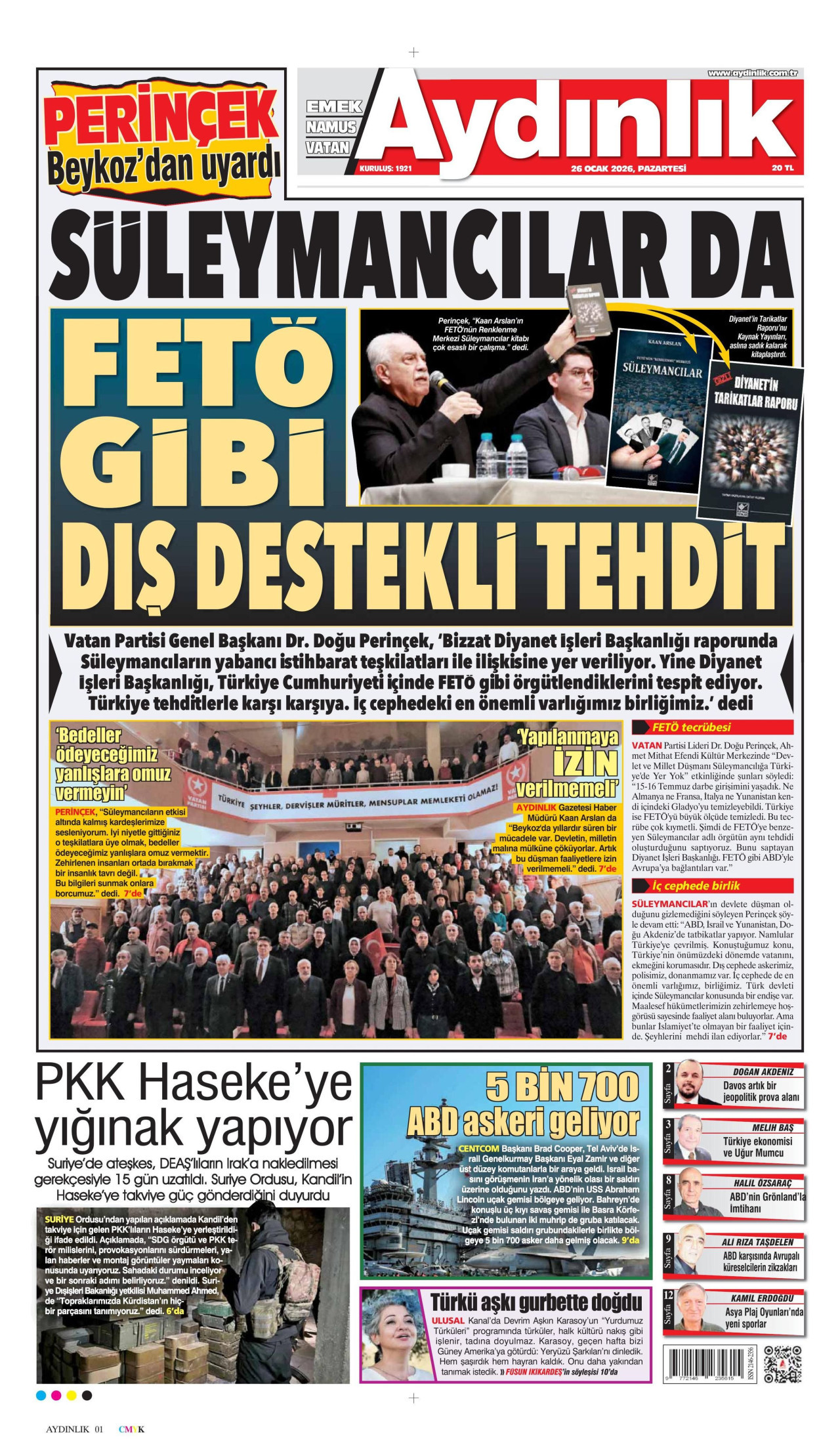 AYDINLIK GAZETESİ gazetesinin 26 Ocak 2026 tarihli birinci sayfası