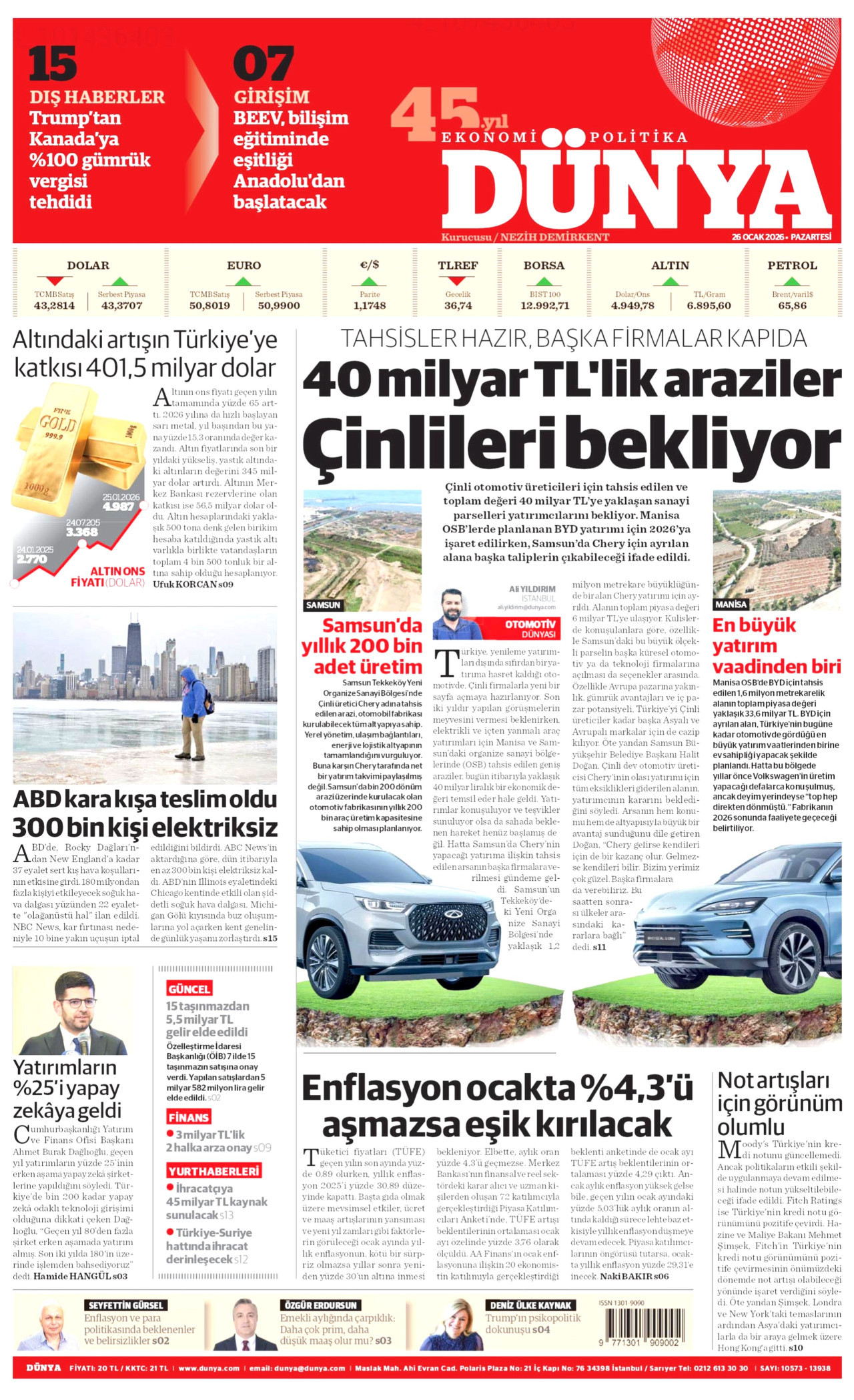 DÜNYA gazetesinin 26 Ocak 2026 tarihli birinci sayfası