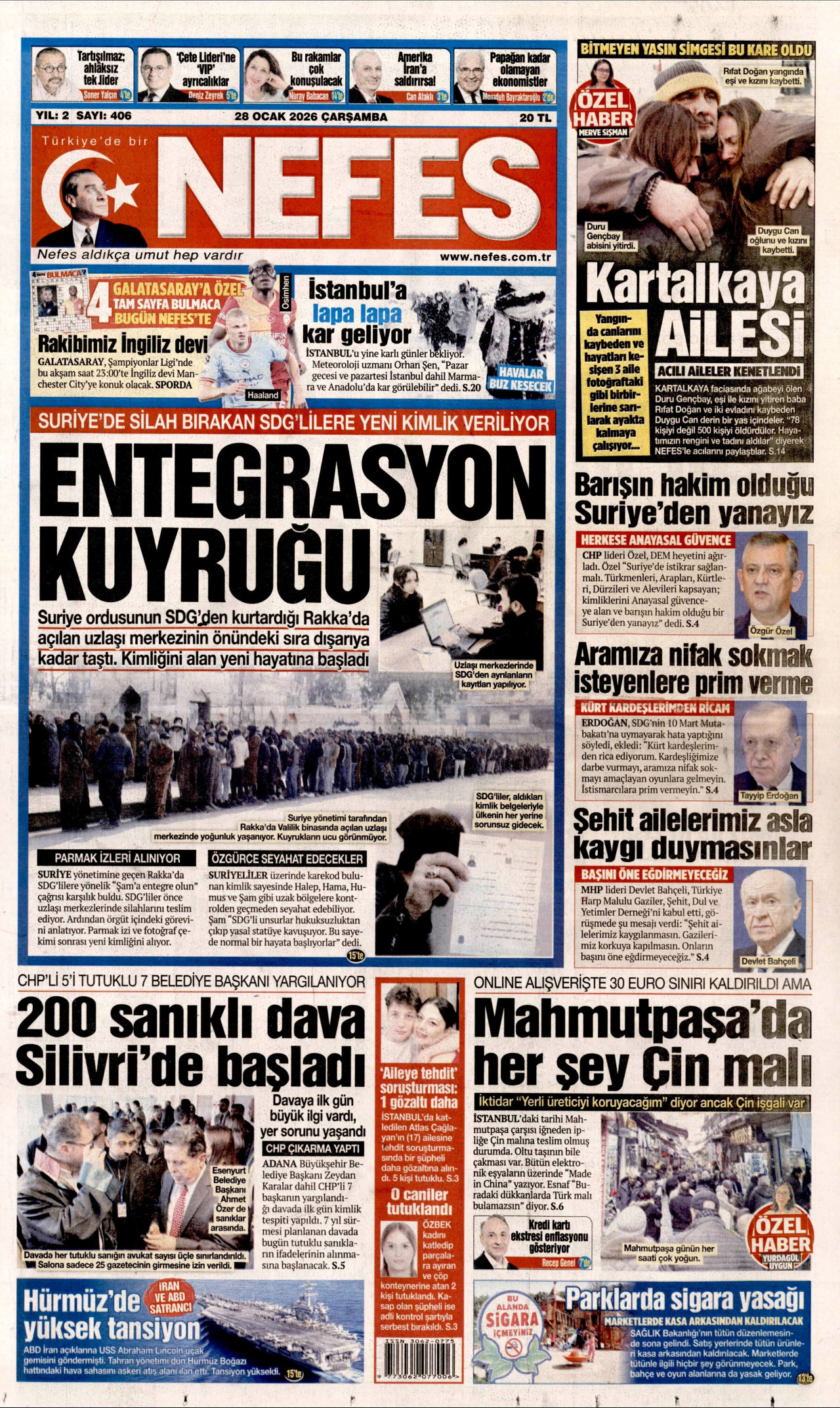 NEFES gazetesinin 28 Ocak 2026 tarihli birinci sayfası