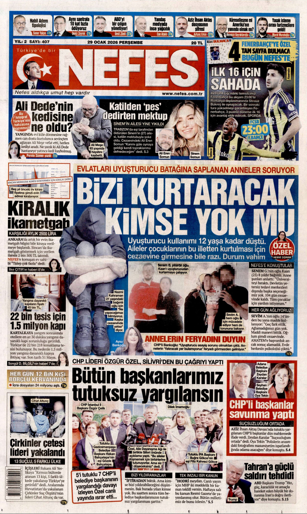 NEFES gazetesinin 29 Ocak 2026 tarihli birinci sayfası