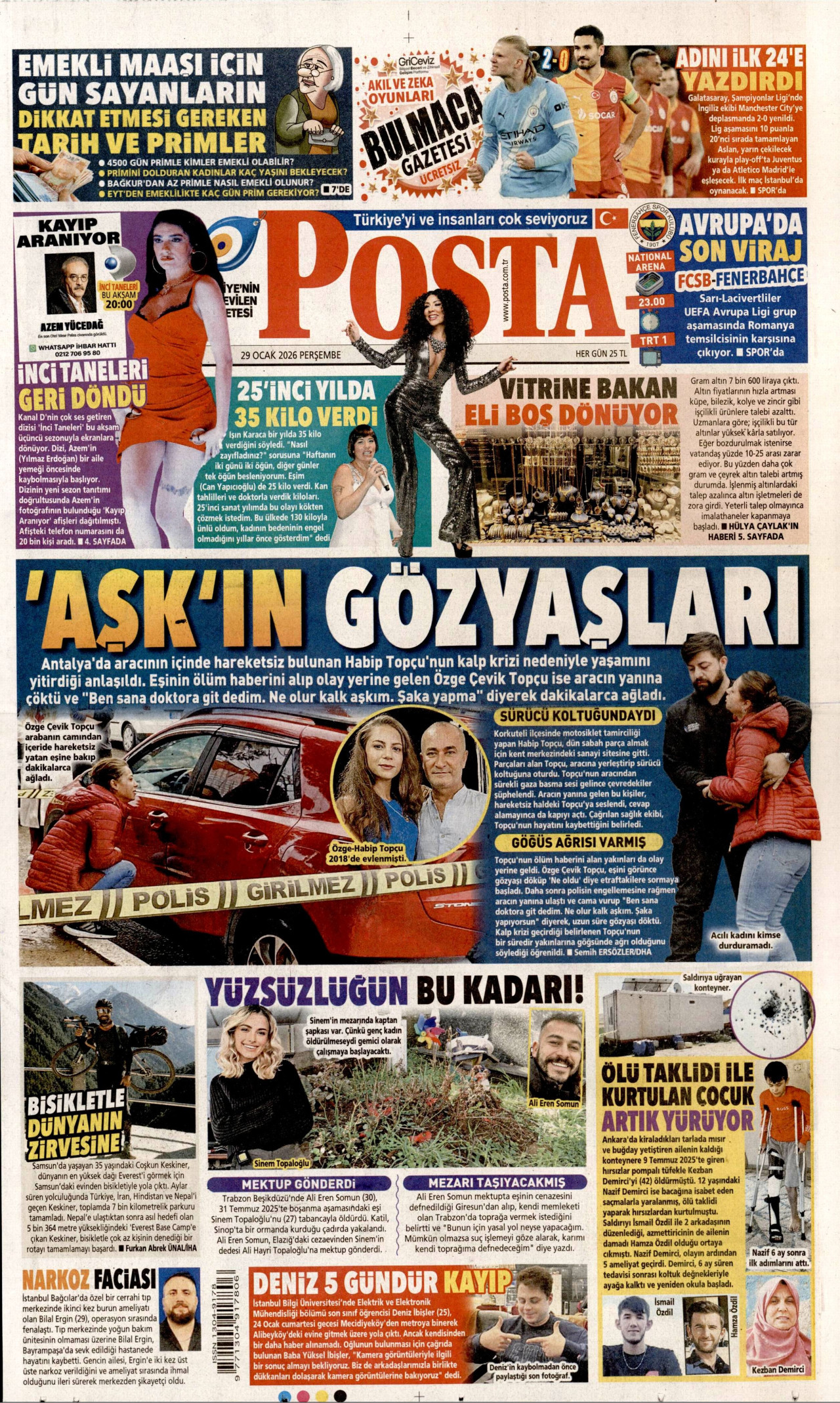 POSTA gazetesinin 29 Ocak 2026 tarihli birinci sayfası