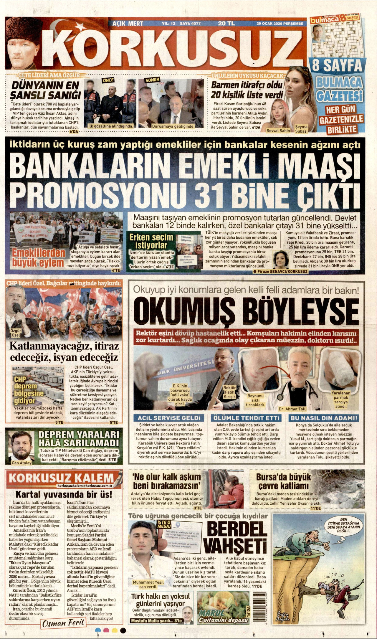 KORKUSUZ gazetesinin 29 Ocak 2026 tarihli birinci sayfası