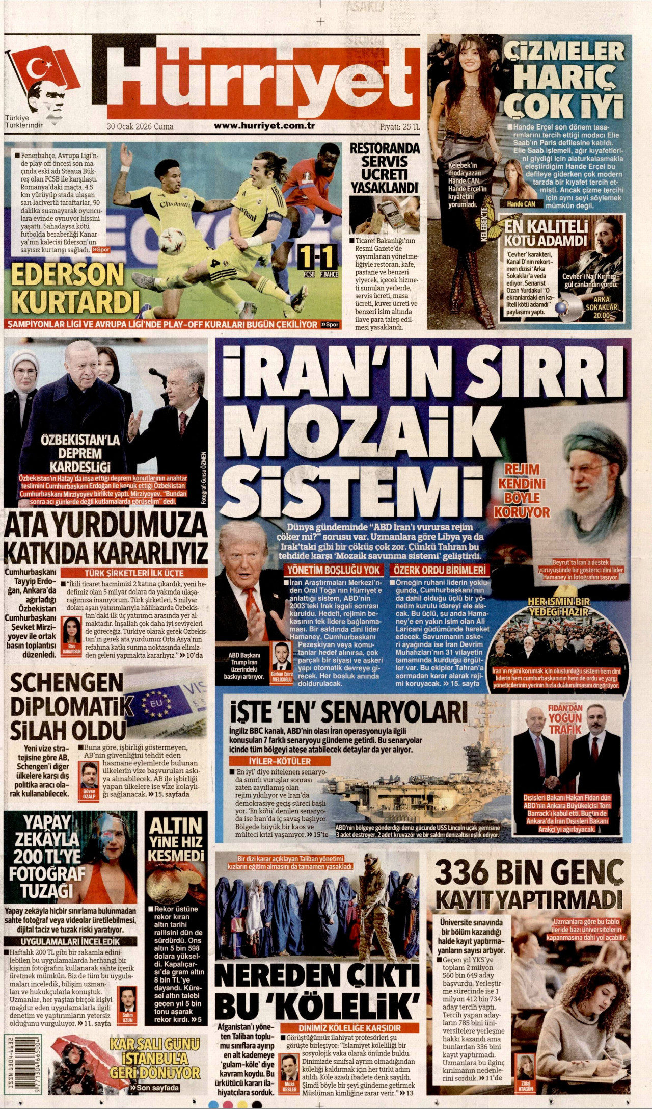 HÜRRİYET gazetesinin 30 Ocak 2026 tarihli birinci sayfası