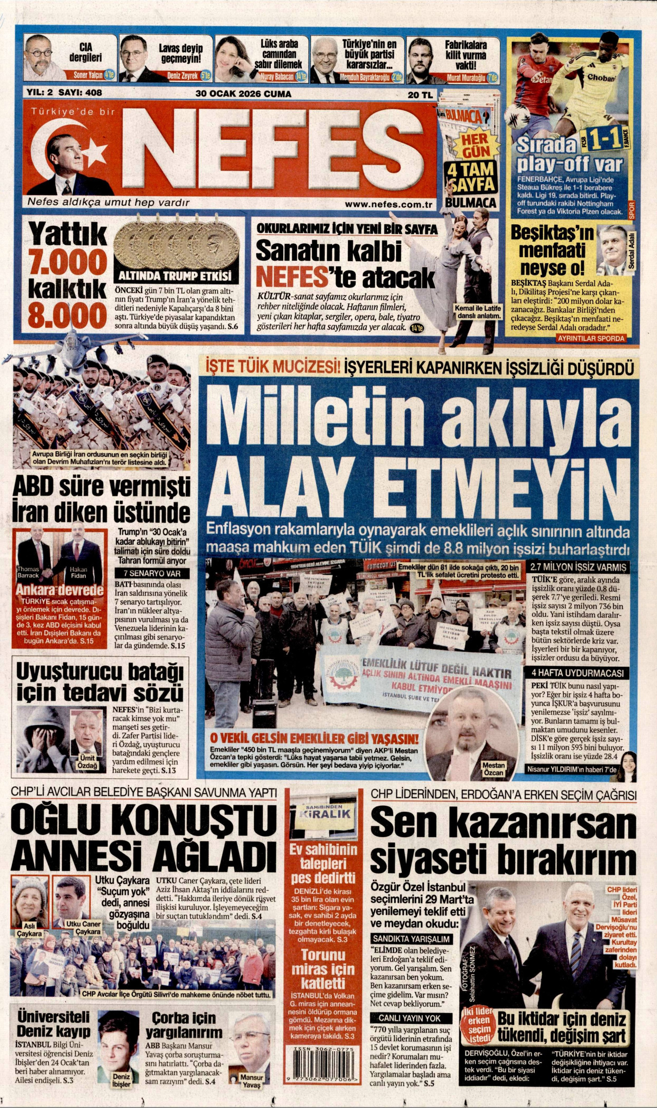 NEFES gazetesinin 30 Ocak 2026 tarihli birinci sayfası