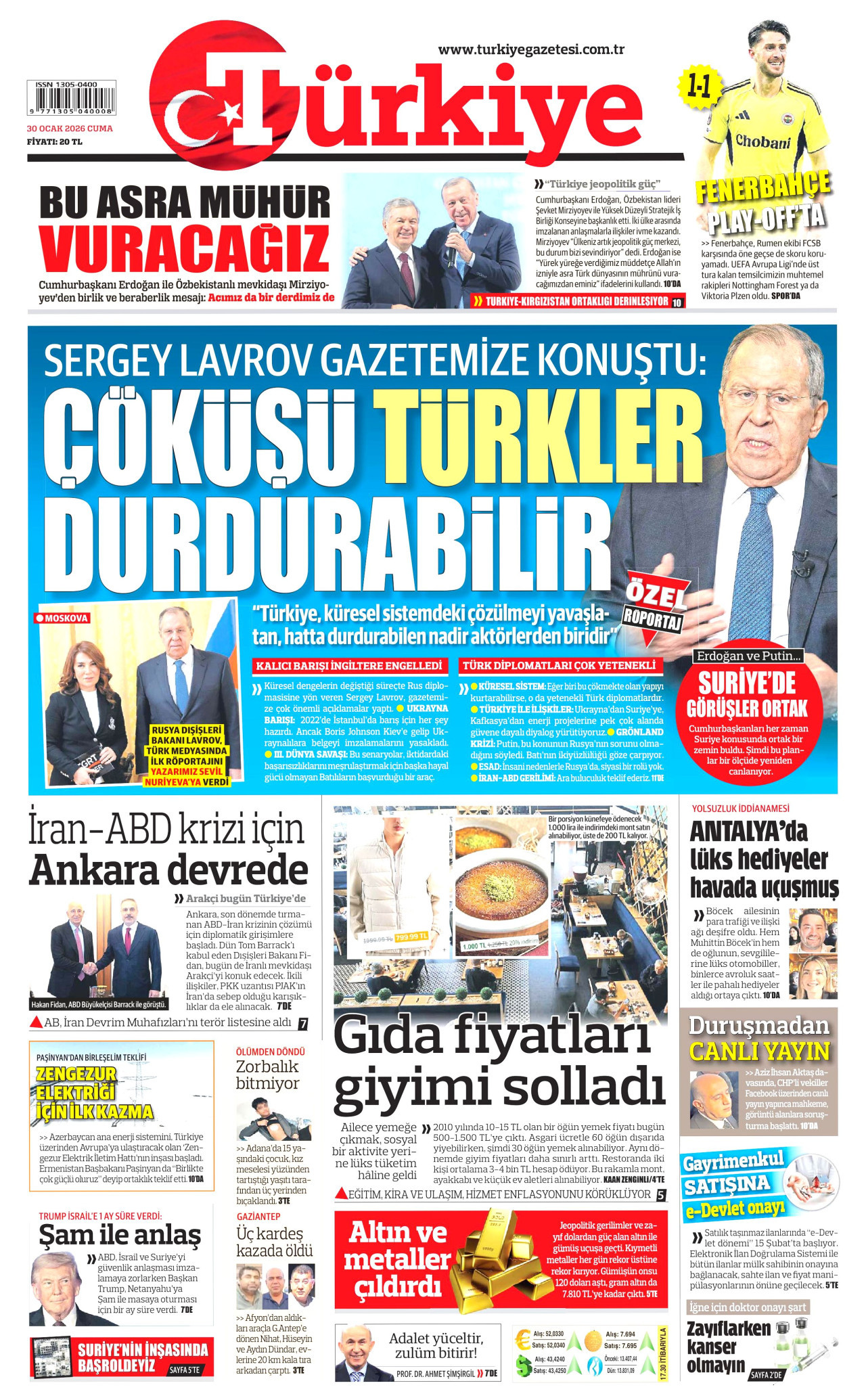 TÜRKİYE GAZETESİ gazetesinin 30 Ocak 2026 tarihli birinci sayfası
