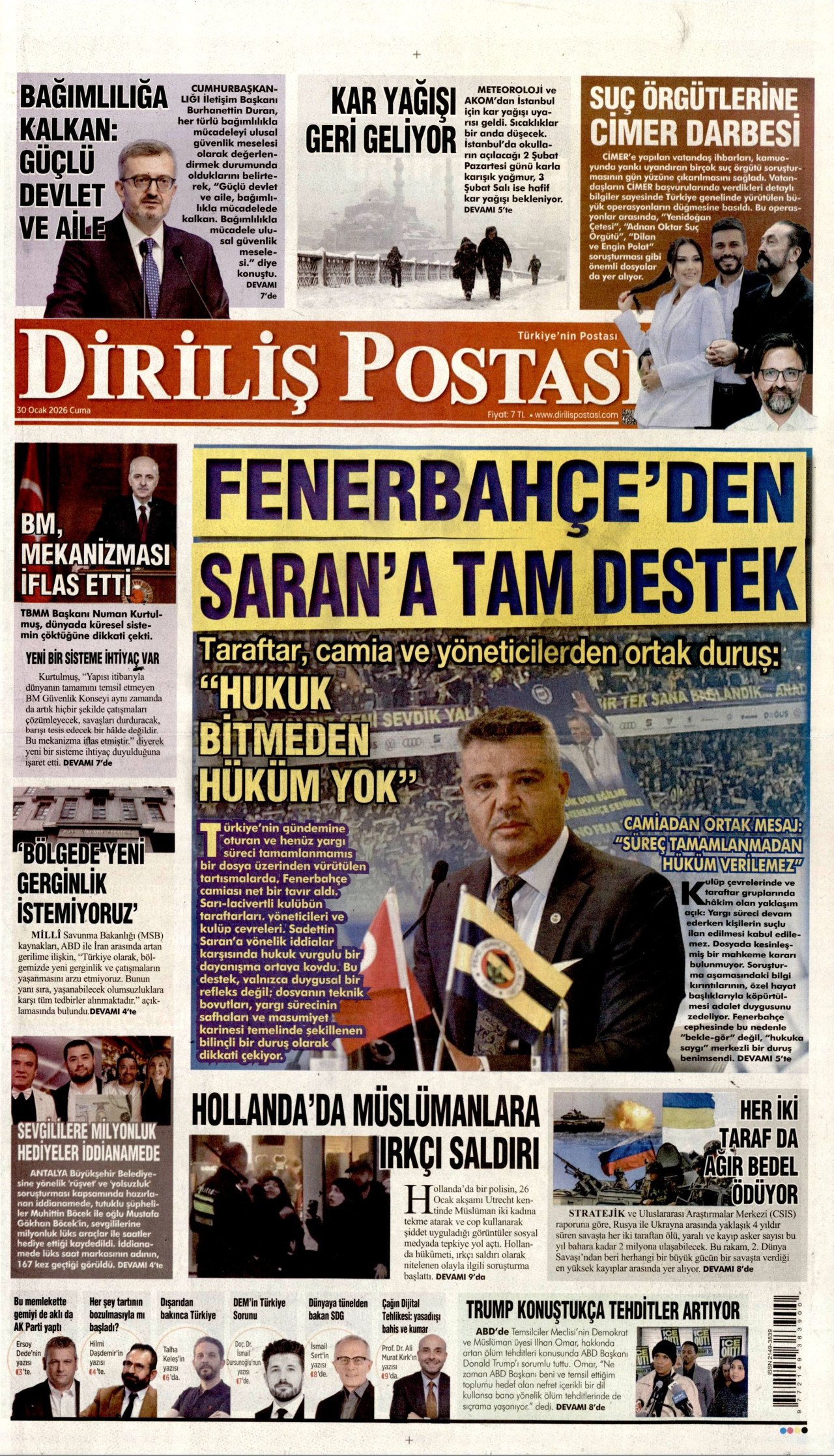 DİRİLİŞ POSTASI gazetesinin 30 Ocak 2026 tarihli birinci sayfası