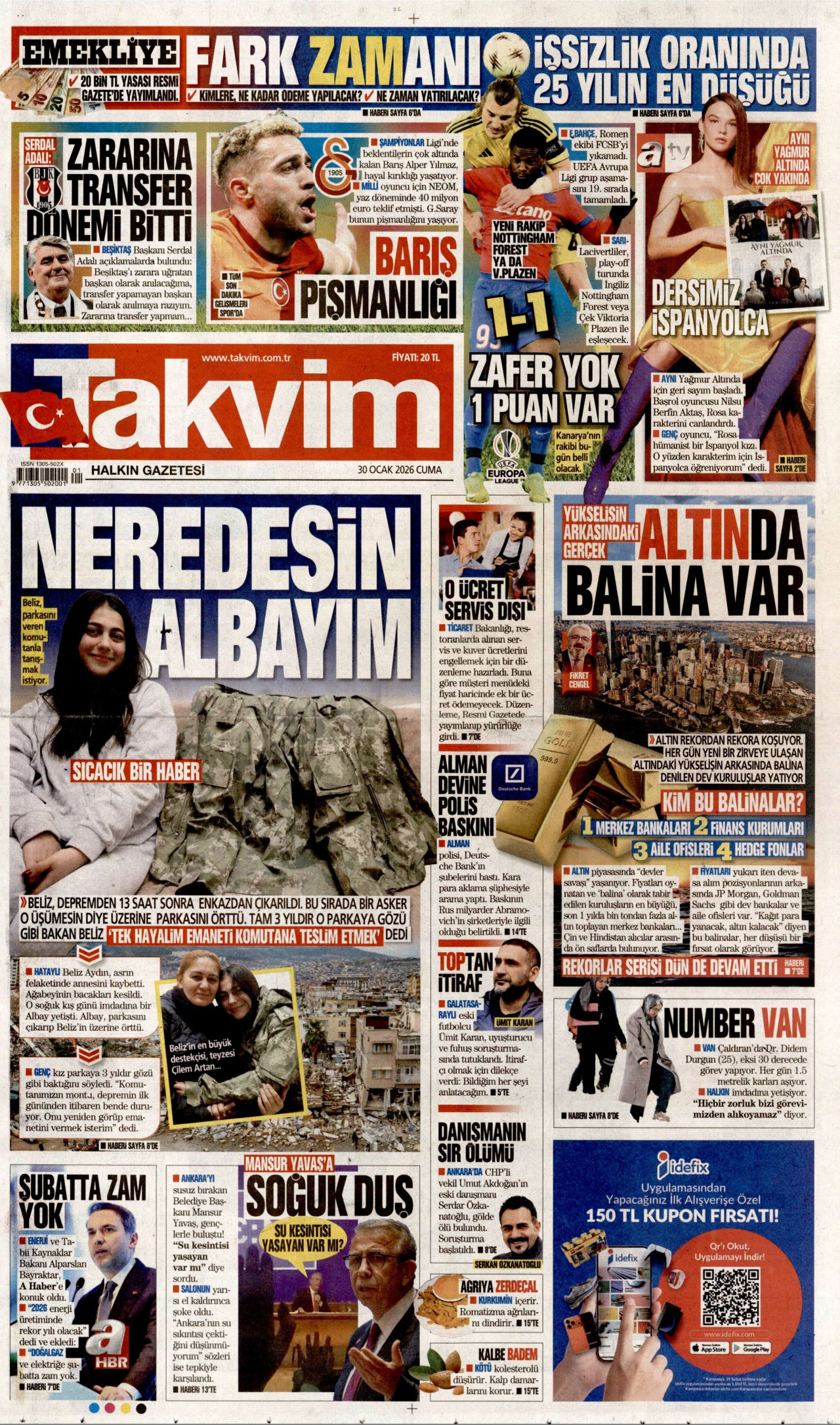 TAKVİM gazetesinin 30 Ocak 2026 tarihli birinci sayfası