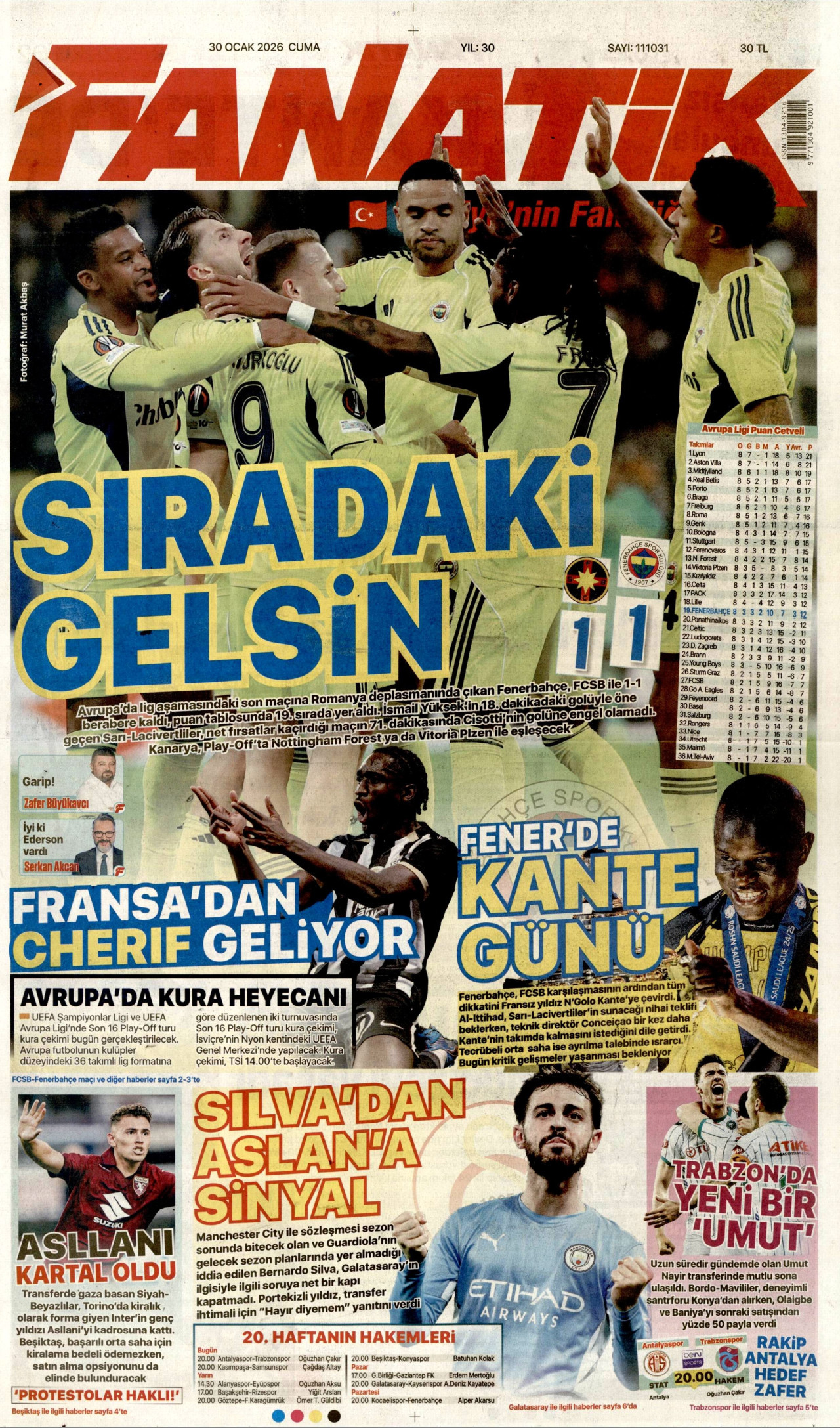 FANATİK gazetesinin 30 Ocak 2026 tarihli birinci sayfası