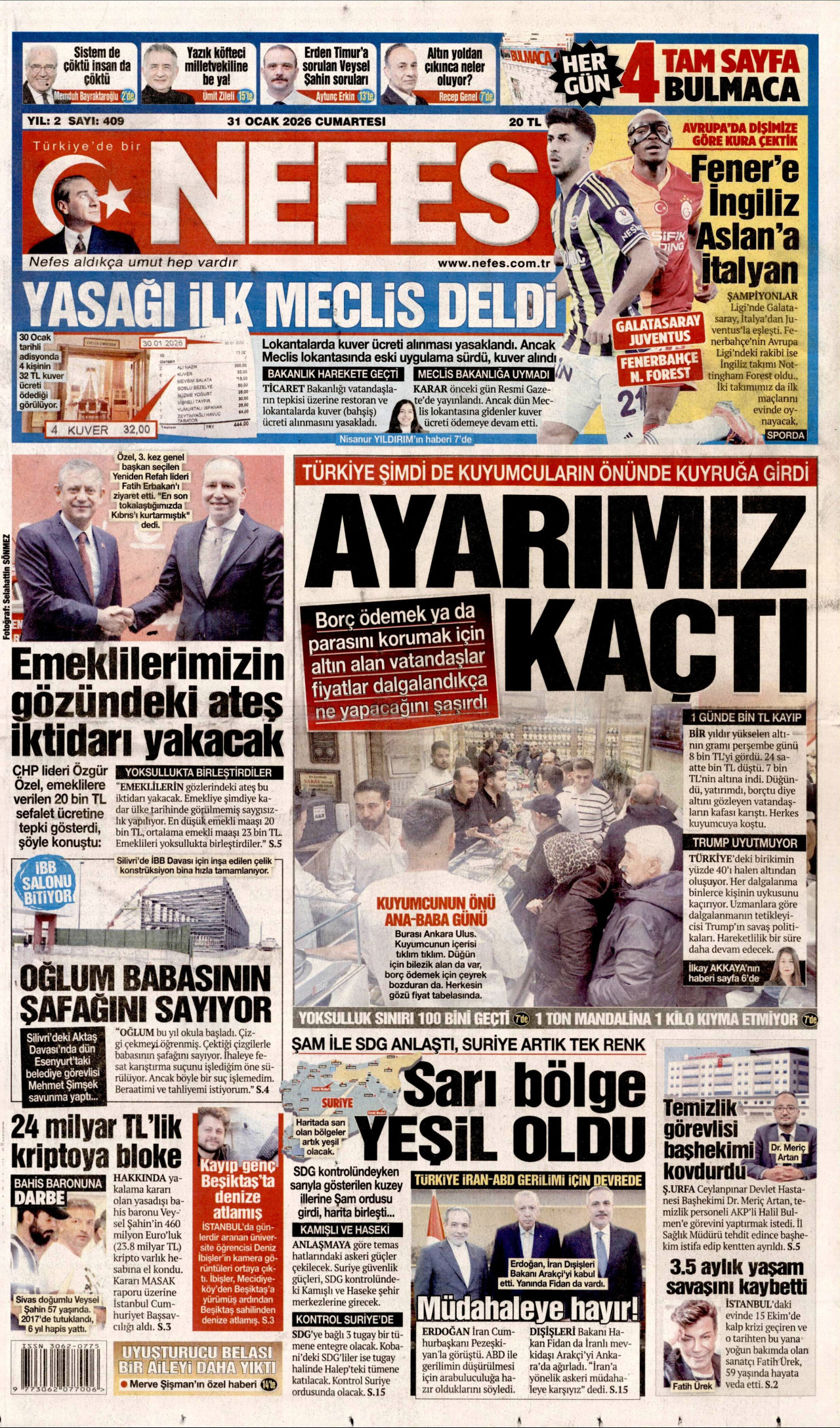 NEFES gazetesinin 31 Ocak 2026 tarihli birinci sayfası