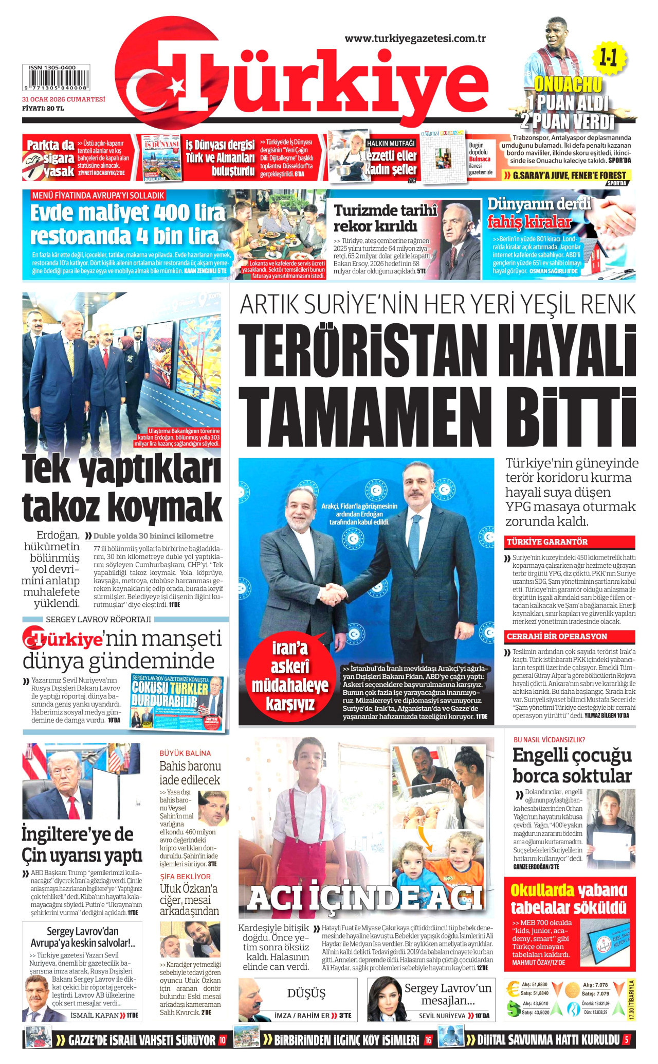 TÜRKİYE GAZETESİ gazetesinin 31 Ocak 2026 tarihli birinci sayfası