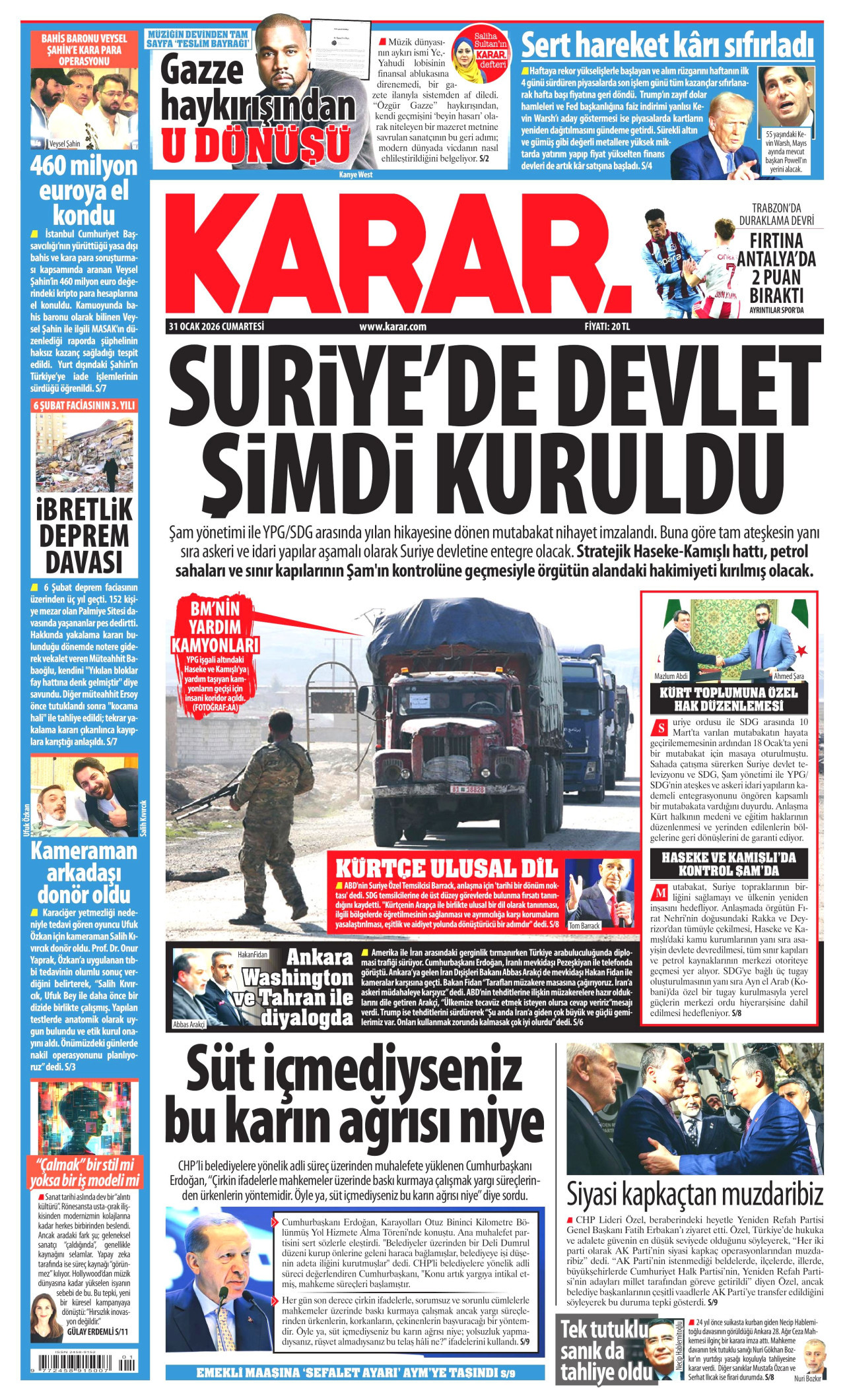 KARAR gazetesinin 31 Ocak 2026 tarihli birinci sayfası