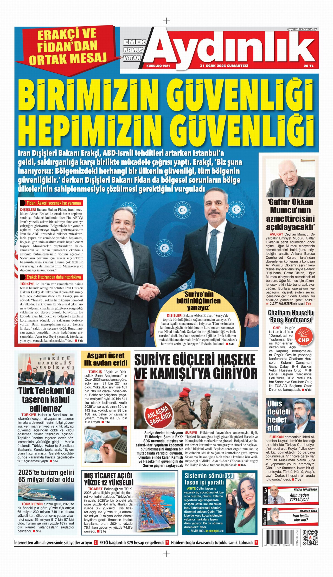 AYDINLIK GAZETESİ gazetesinin 31 Ocak 2026 tarihli birinci sayfası
