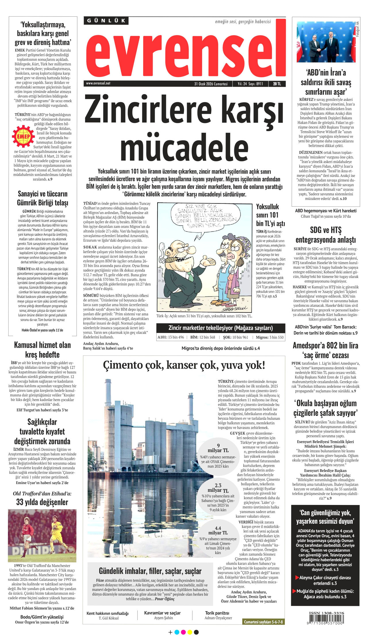 EVRENSEL gazetesinin 31 Ocak 2026 tarihli birinci sayfası