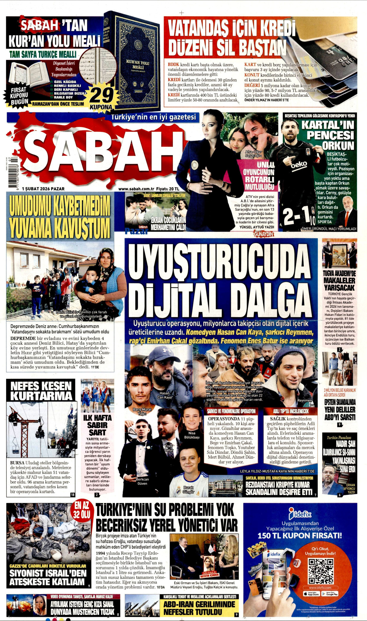 SABAH gazetesinin 1 Şubat 2026 tarihli birinci sayfası