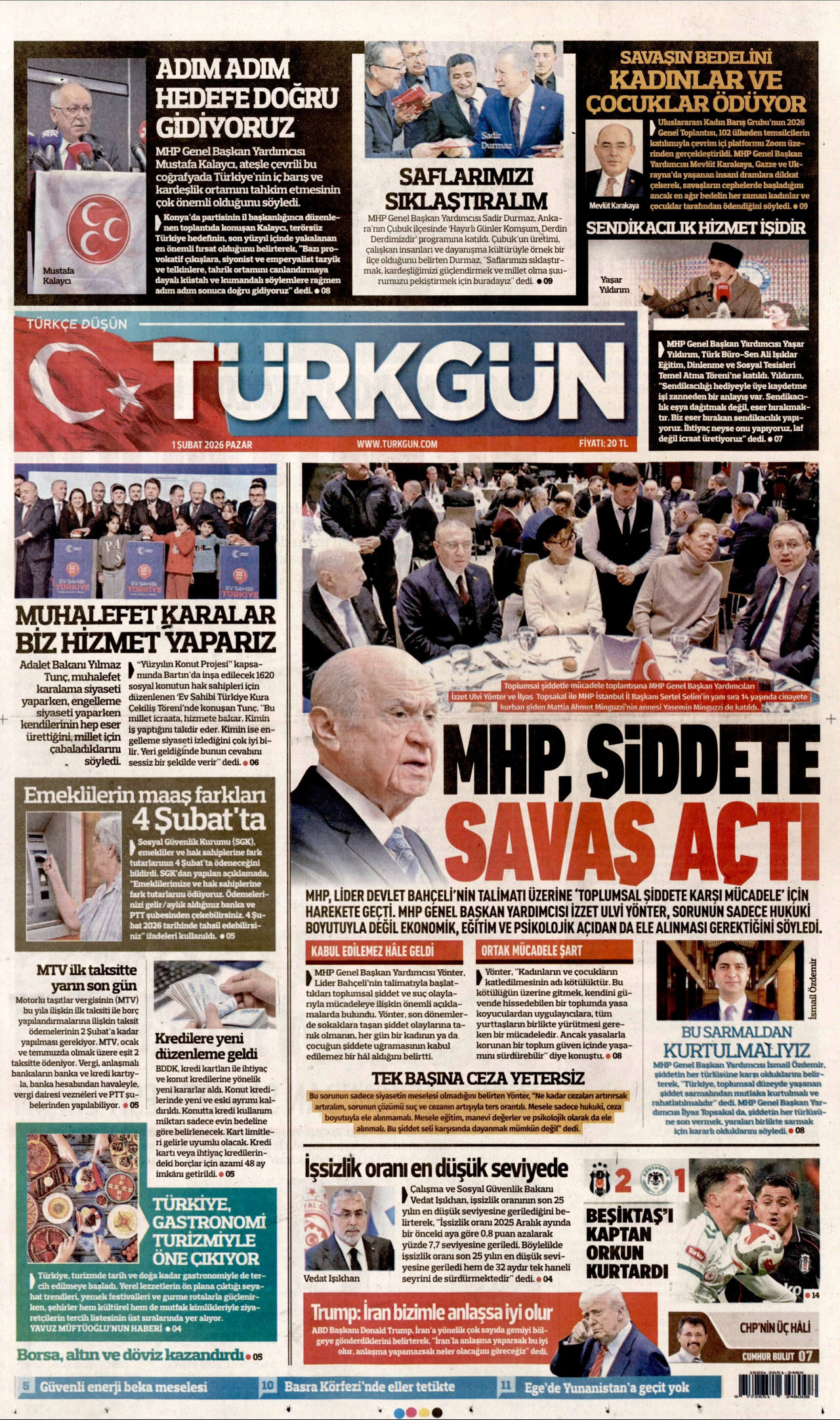 TÜRKGÜN gazetesinin 1 Şubat 2026 tarihli birinci sayfası