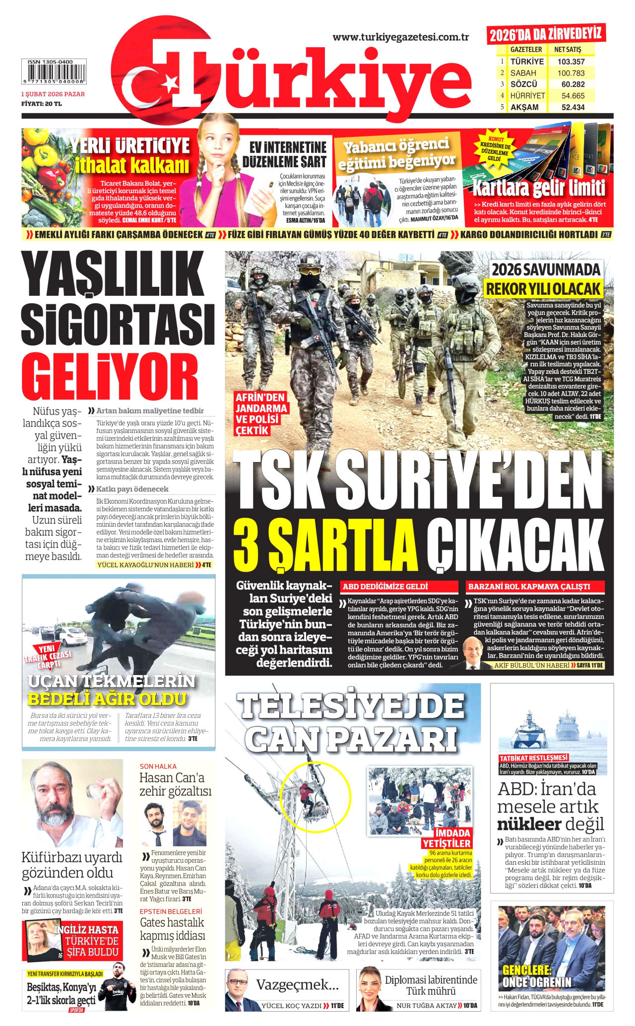 TÜRKİYE GAZETESİ gazetesinin 1 Şubat 2026 tarihli birinci sayfası