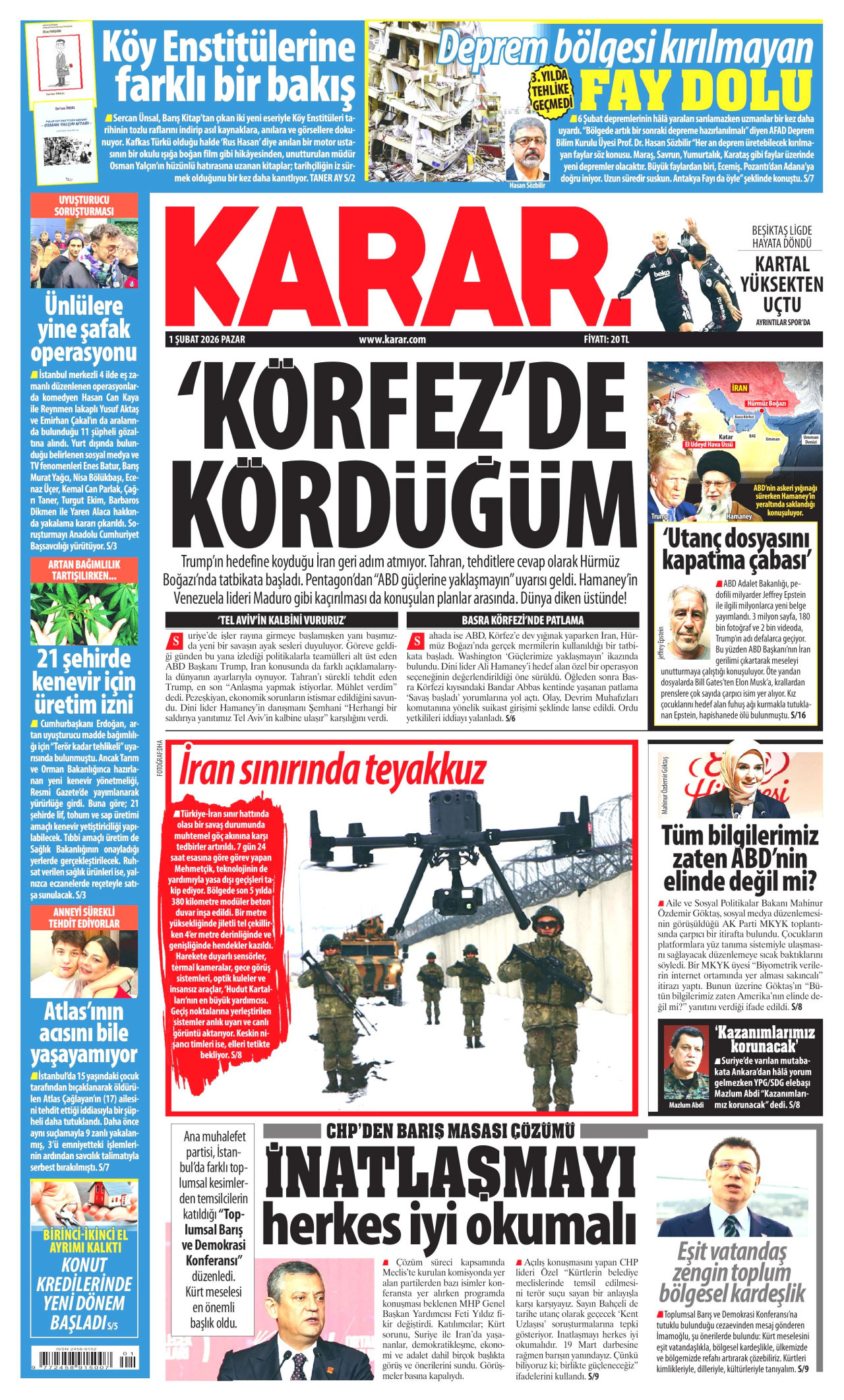 KARAR gazetesinin 1 Şubat 2026 tarihli birinci sayfası