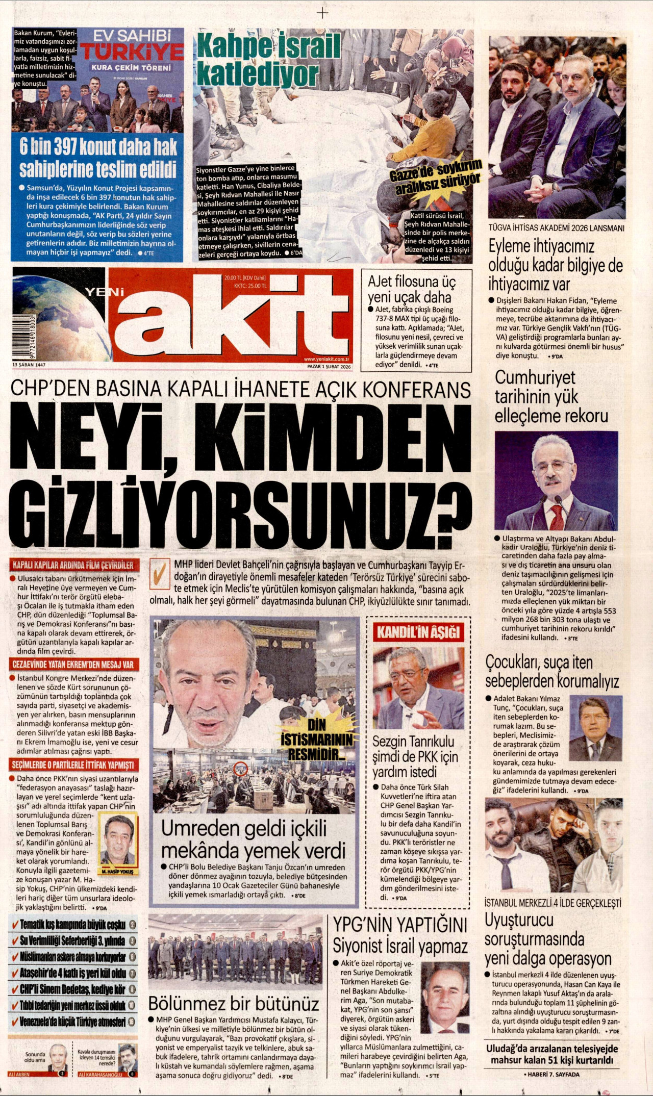 YENİ AKİT gazetesinin 1 Şubat 2026 tarihli birinci sayfası