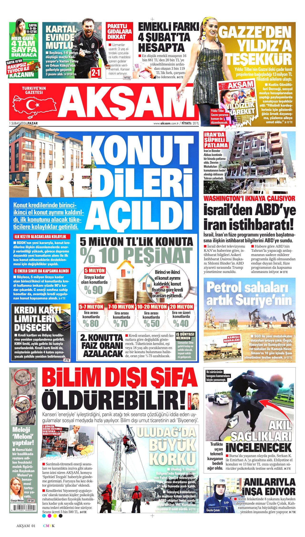 AKŞAM gazetesinin 1 Şubat 2026 tarihli birinci sayfası